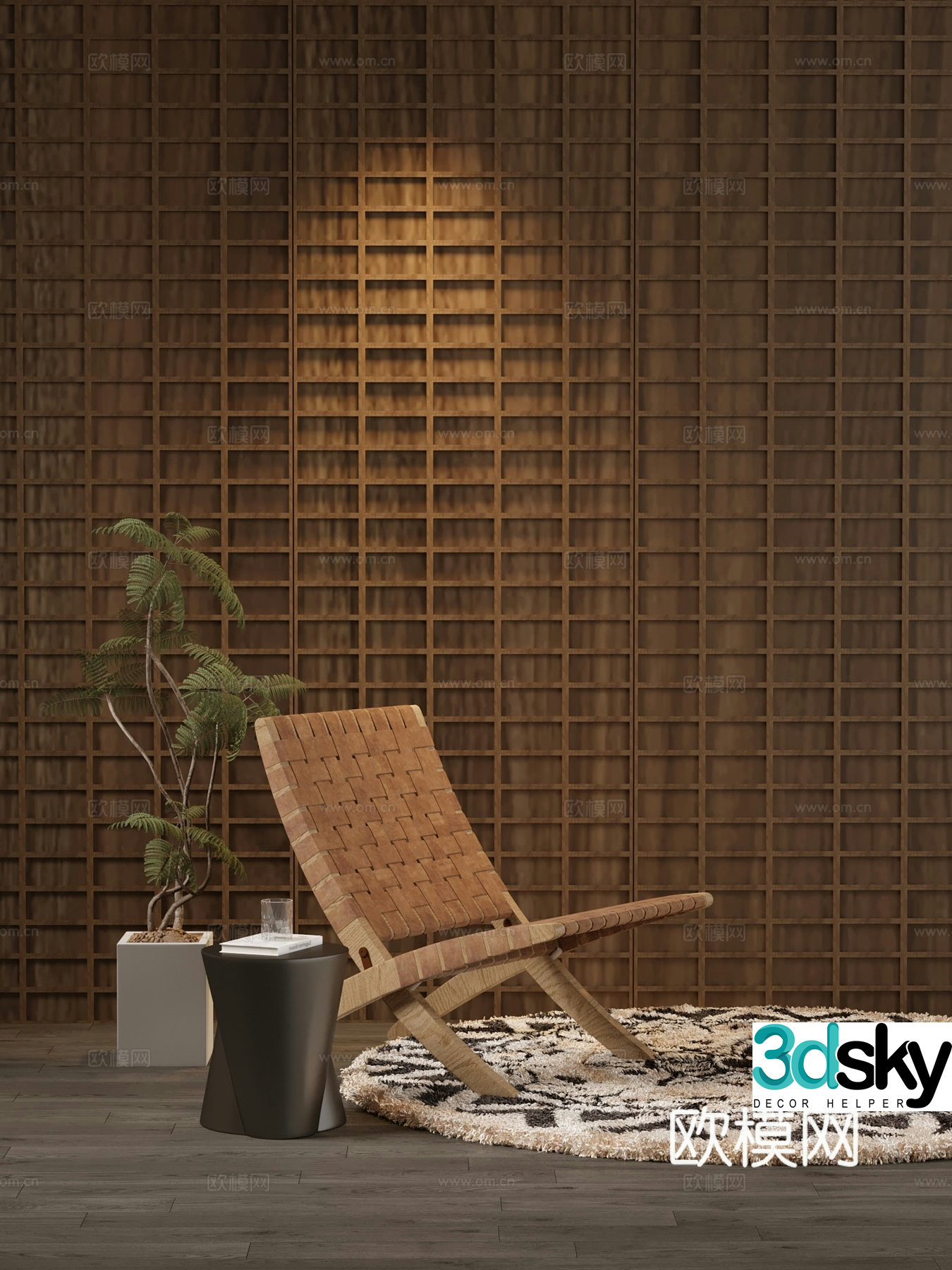 Modern wooden rattan chair 3d model