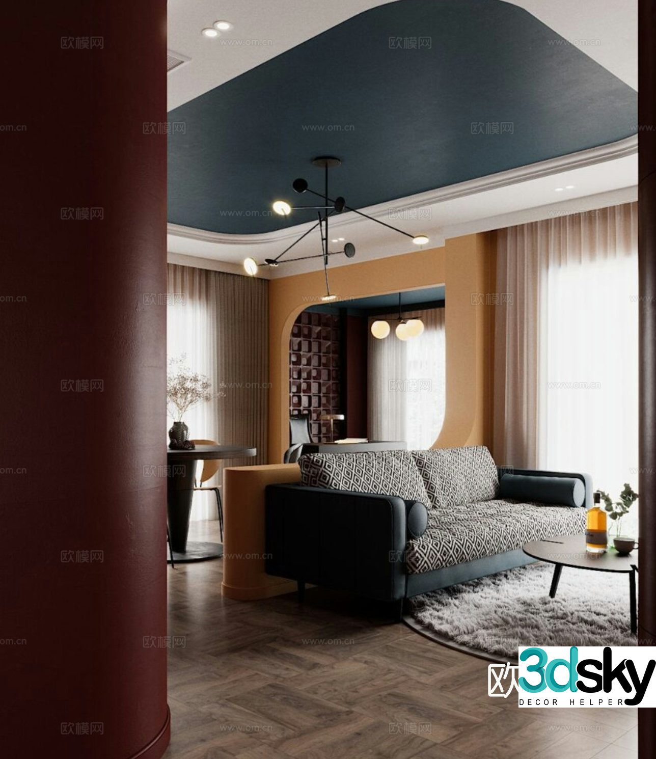Modern living and dining room retro living and dining room open kitchen sofa and coffee table combination minimalist living and dining room 3D model