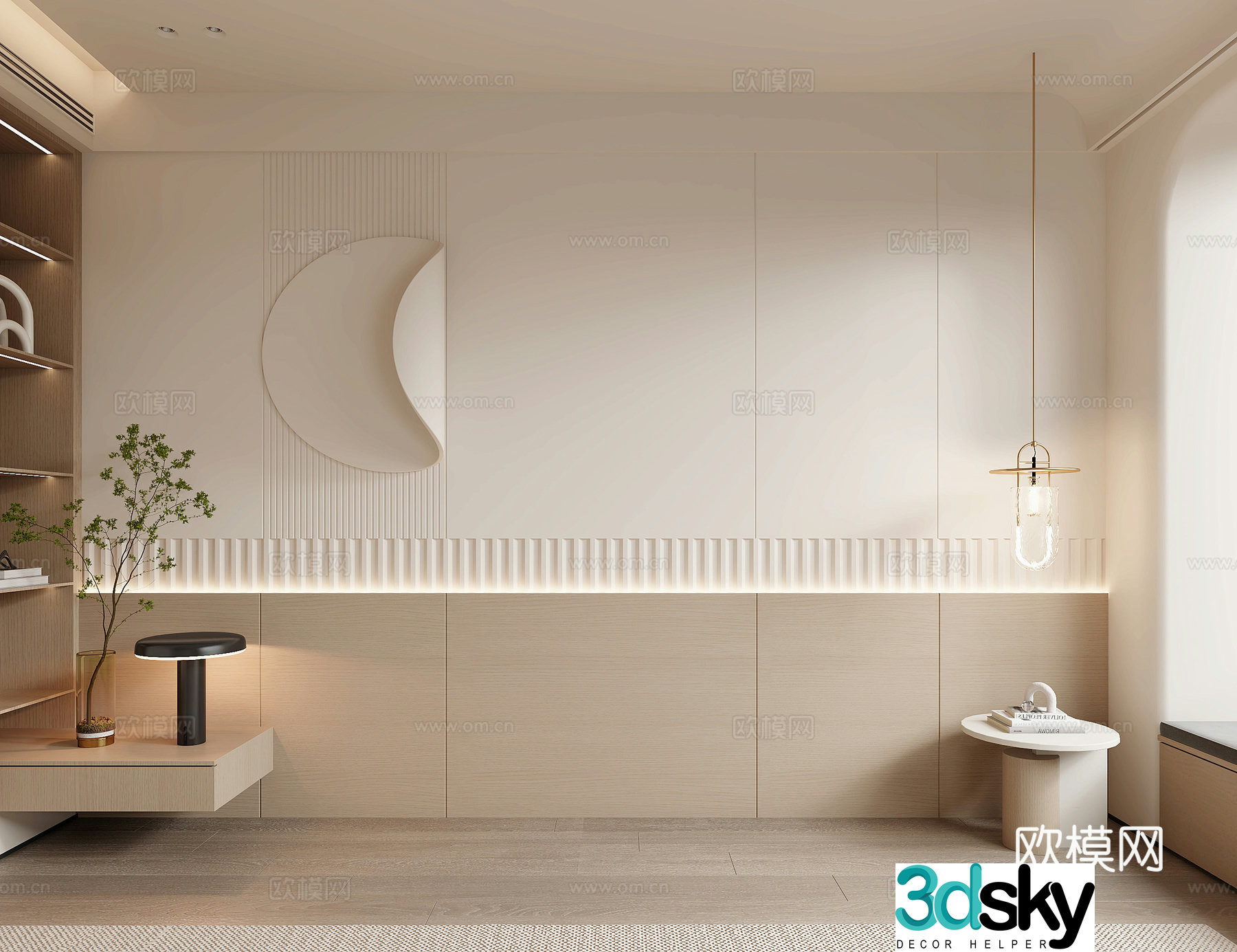 Modern creamy bedside head background wall 3d model