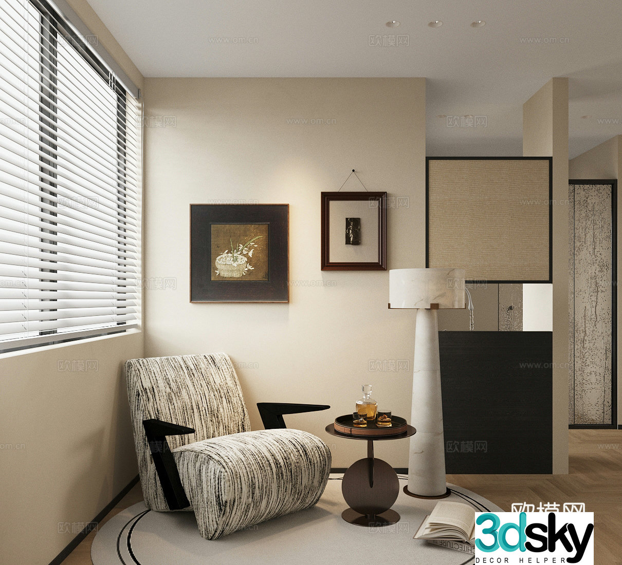 Middle-aged leisure chair single sofa floor lamp 3D model of hanging paintings