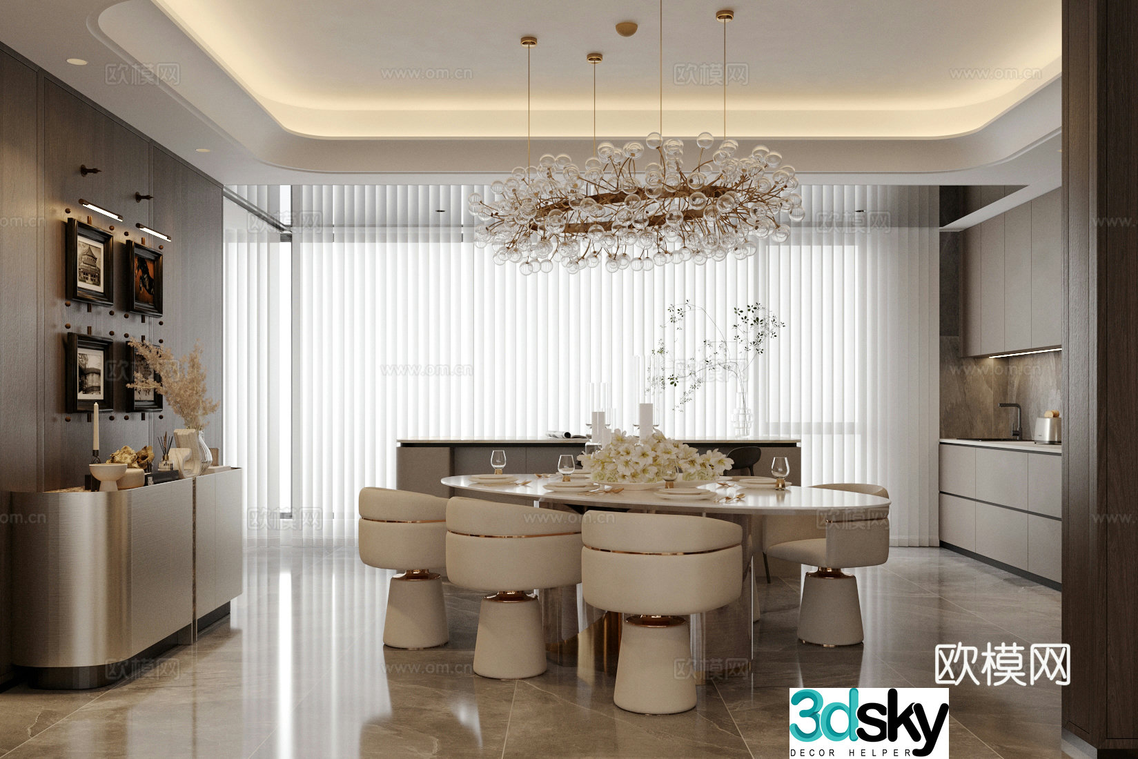 Modern Italian island restaurant Round table restaurant Marble dining table Dining table floral vase Dining chair 3d model