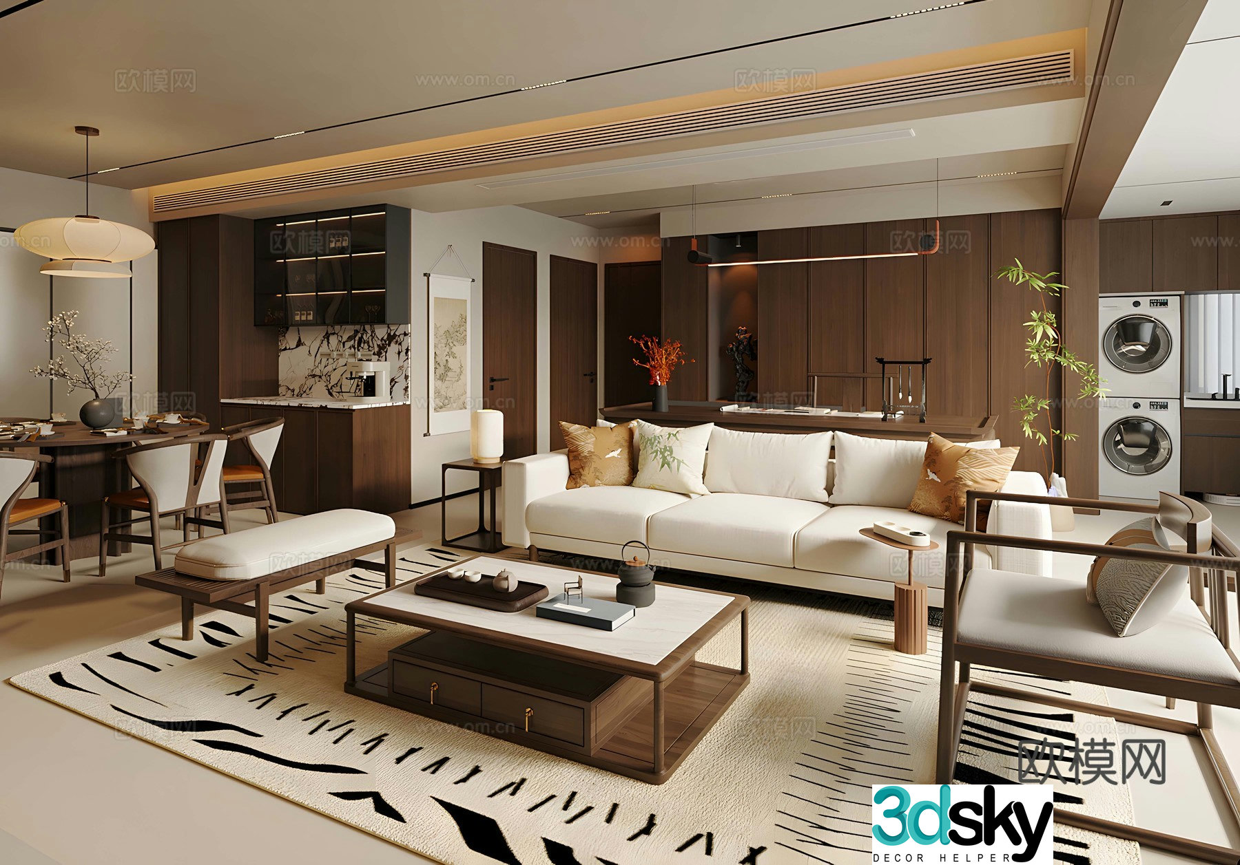 New Chinese Zen Living Restaurant Song Style Living Restaurant Song Style Aesthetic Living Restaurant Sofa Coffee Table Combination 3D Model