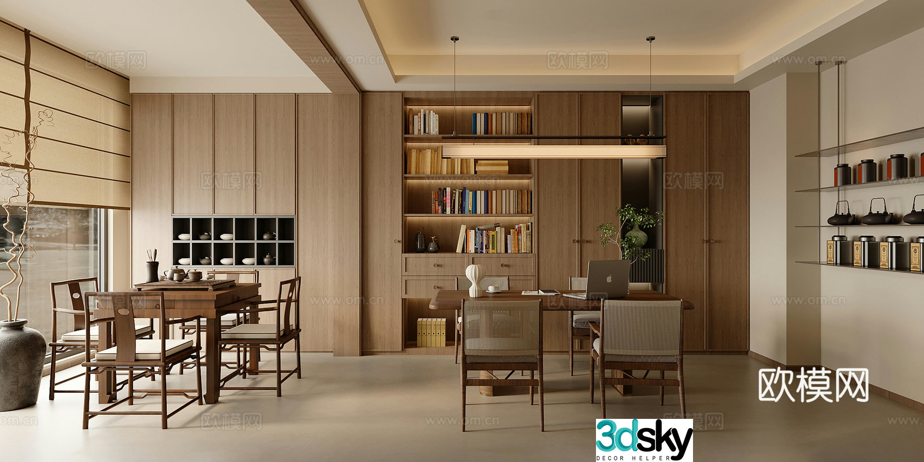 New Chinese-style Zen tea room tea tasting area tea table and chair open study Song-style aesthetic tea room 3D model