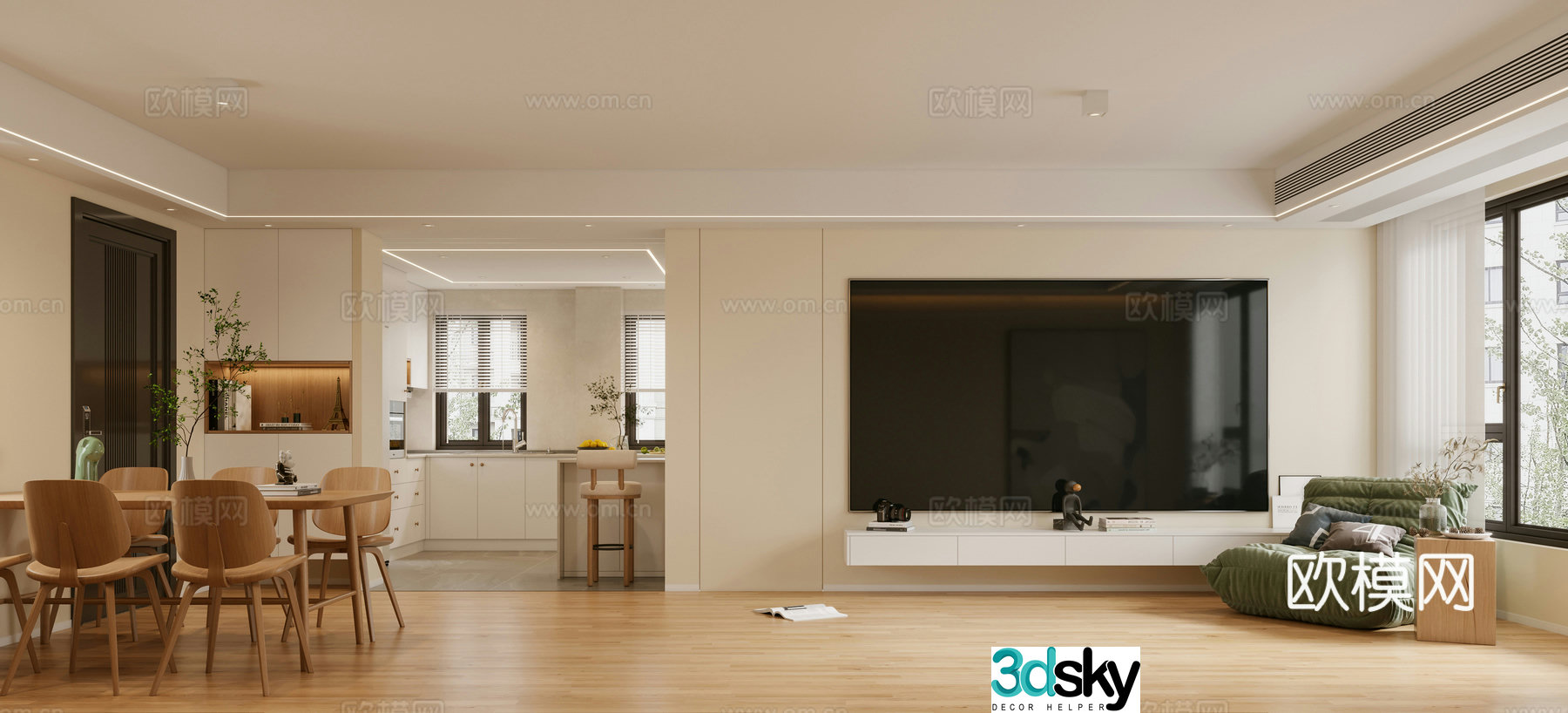 Modern living and dining room 3d model