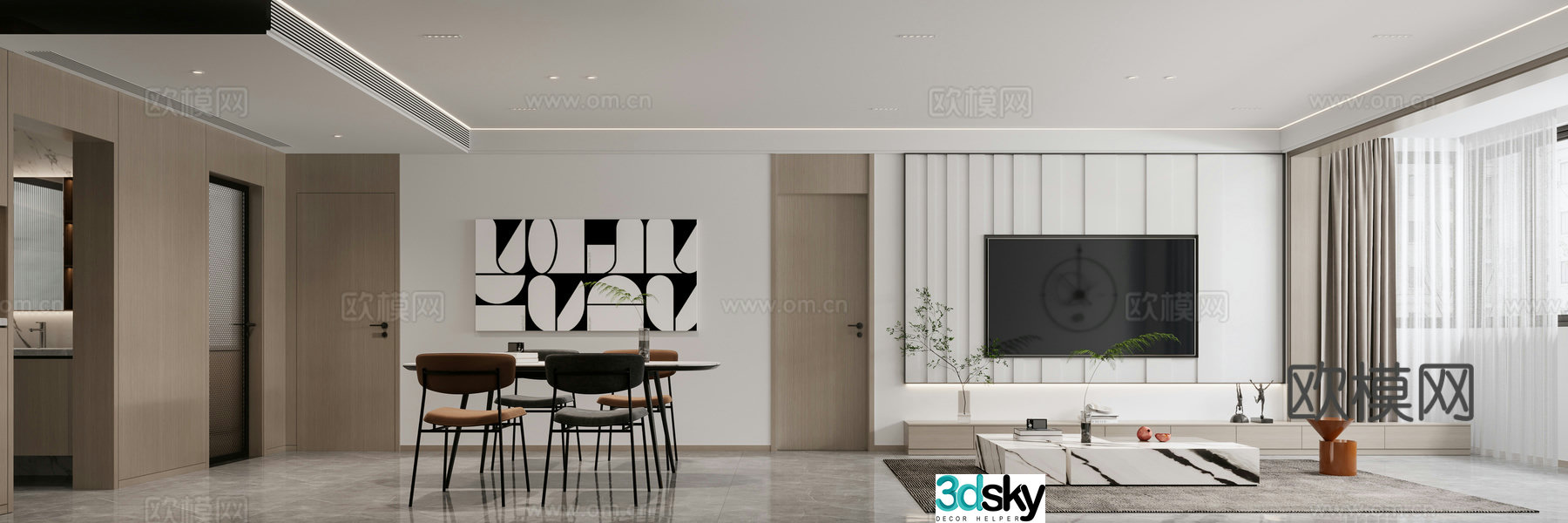 Modern living and dining room 3d model
