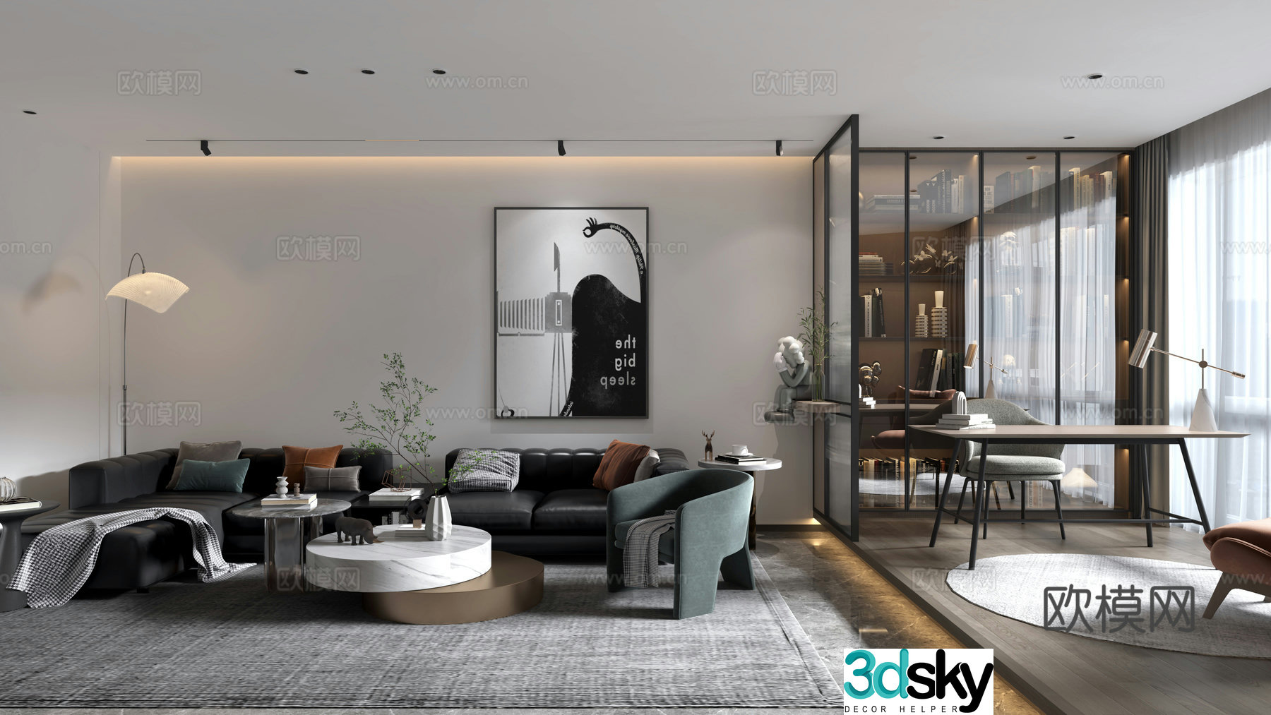 Modern living room living room and study integrated 3D model