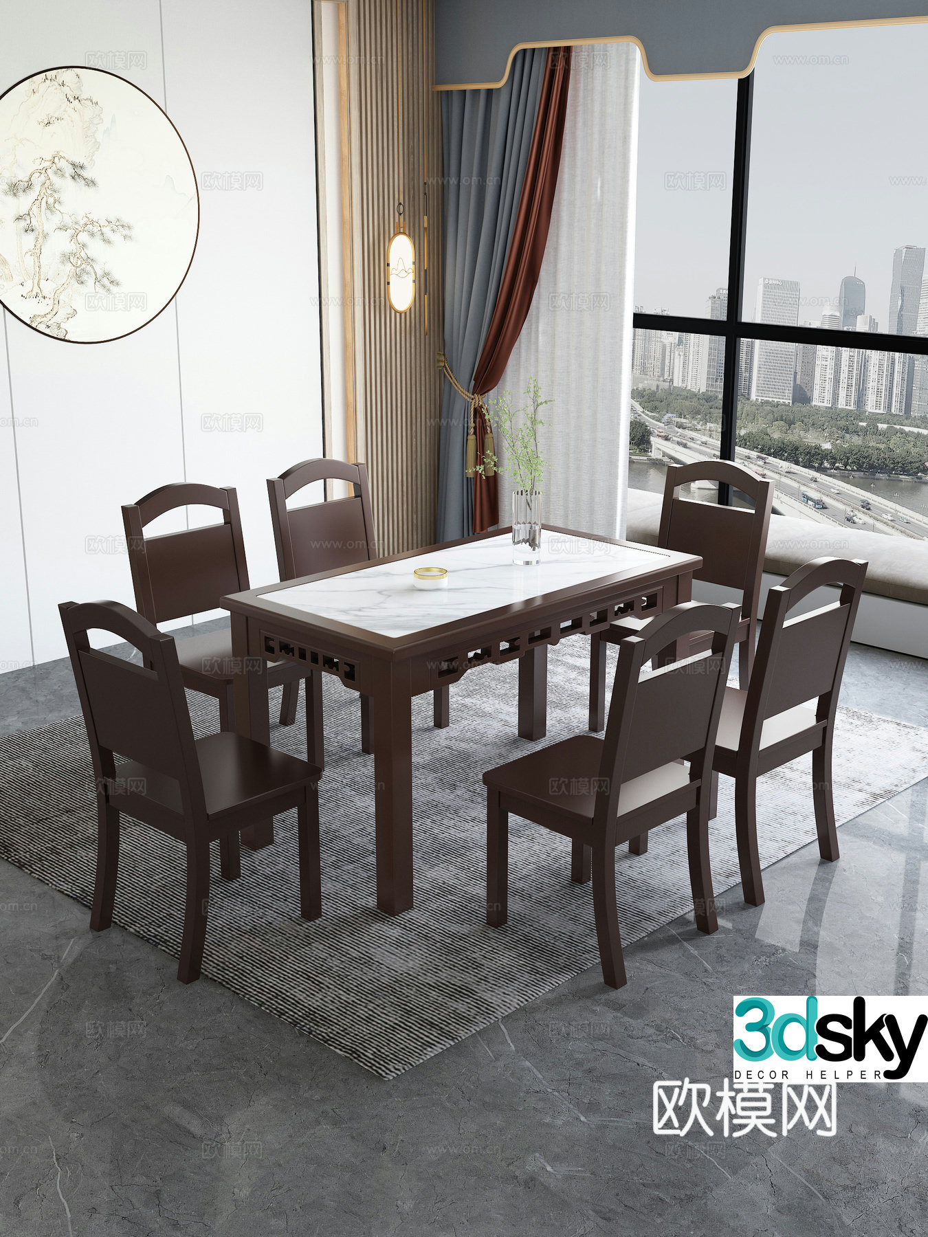 New Chinese dining table and chair combination single chair long dining table plant ornaments six people 3D model