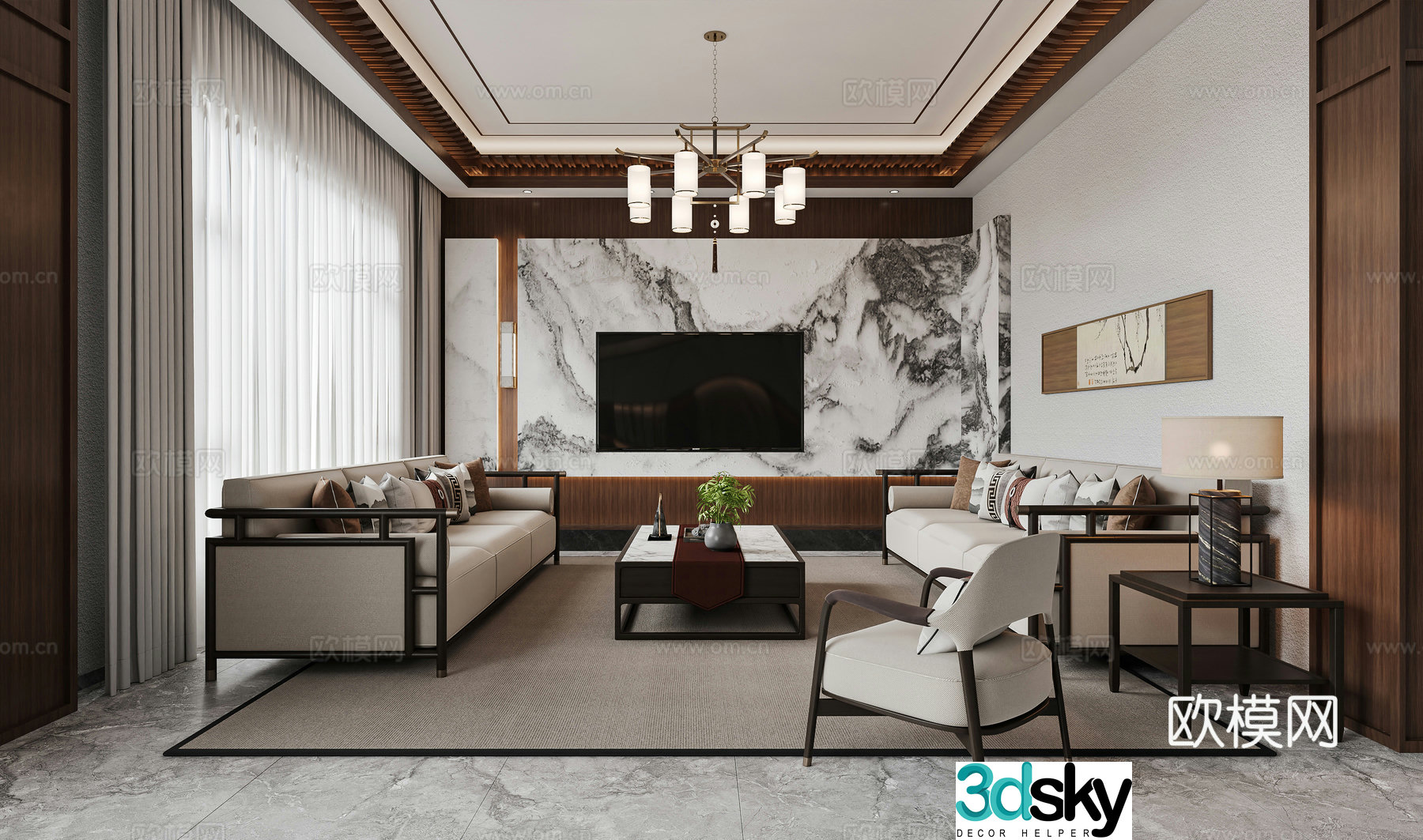 New Chinese style living room TV background wall Combination sofa Leisure chair New Chinese style living room chandeliers 3D model