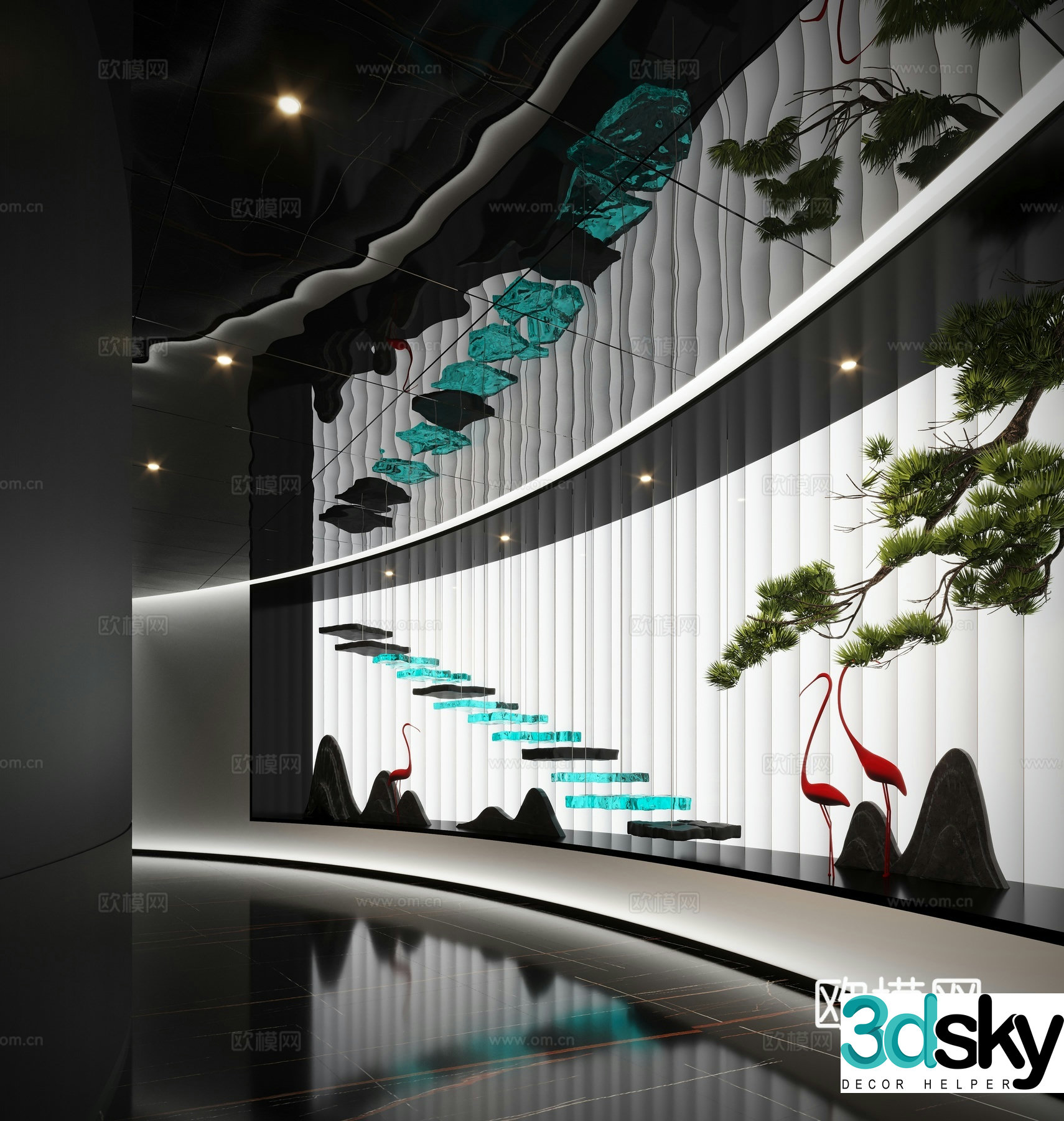 New Chinese Zen Art Installation Upside down Pine Tree Indoor Landscape Landscape Stone 3D Model