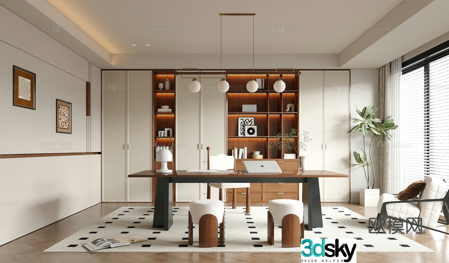 Modern medieval style study bookcase desk and chair combination 3D model
