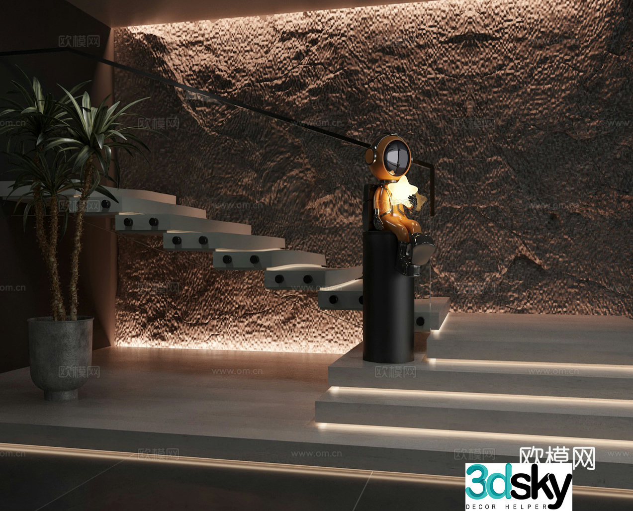 Modern staircase glass guardrail 3d model