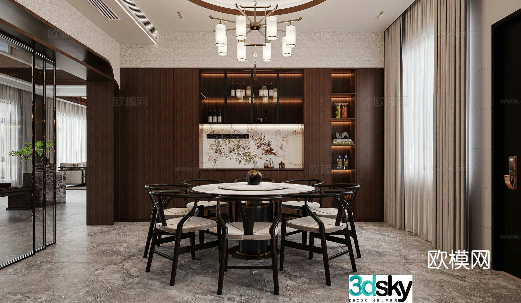 New Chinese restaurant Round dining table Wine cabinet Middle style restaurant New Chinese living restaurant Chandelier 3D model