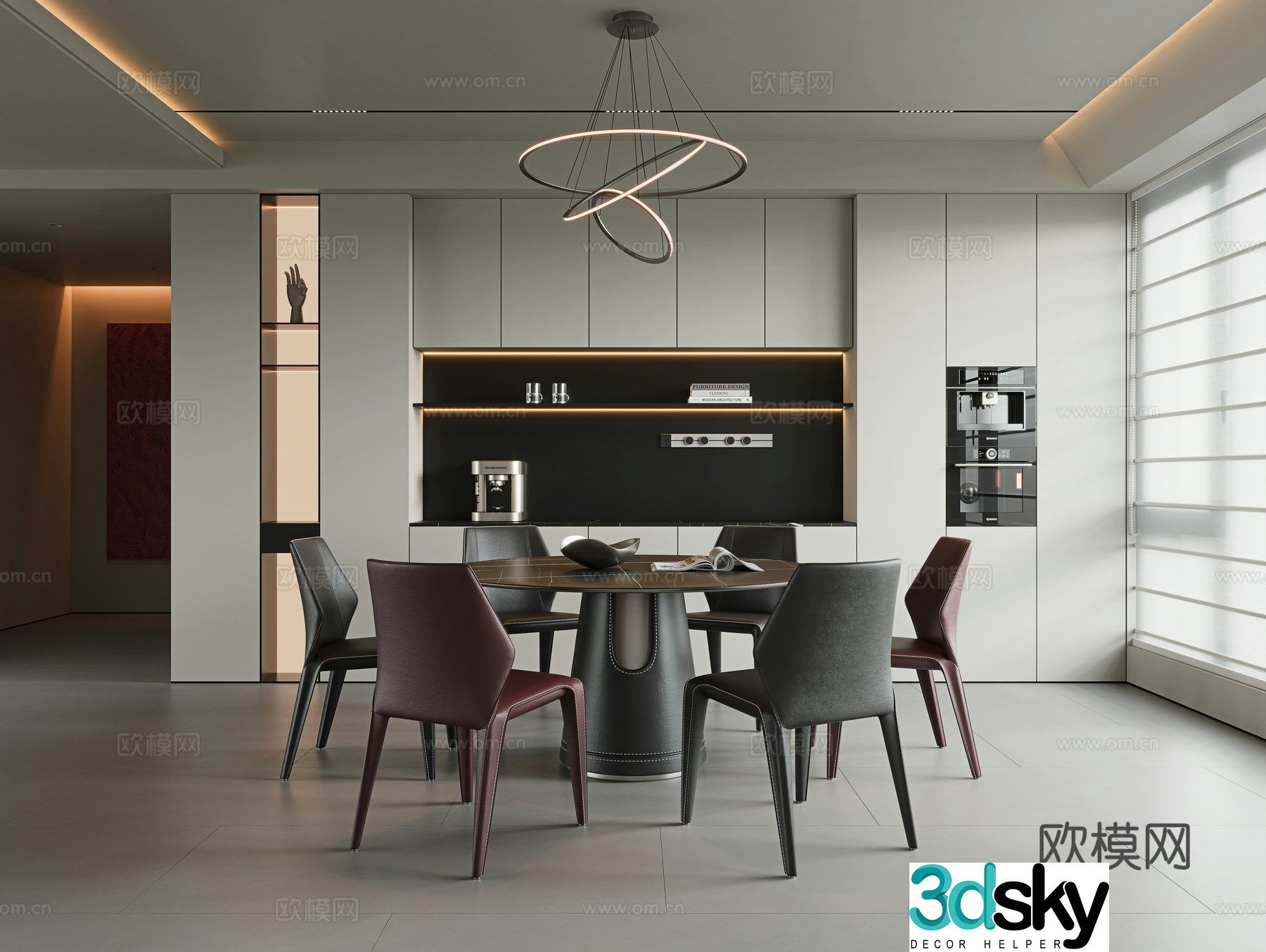 Italian modern dining room round dining table and chairs six-person dining table and chairs rock-slab dining table single chair leather dining 3d model