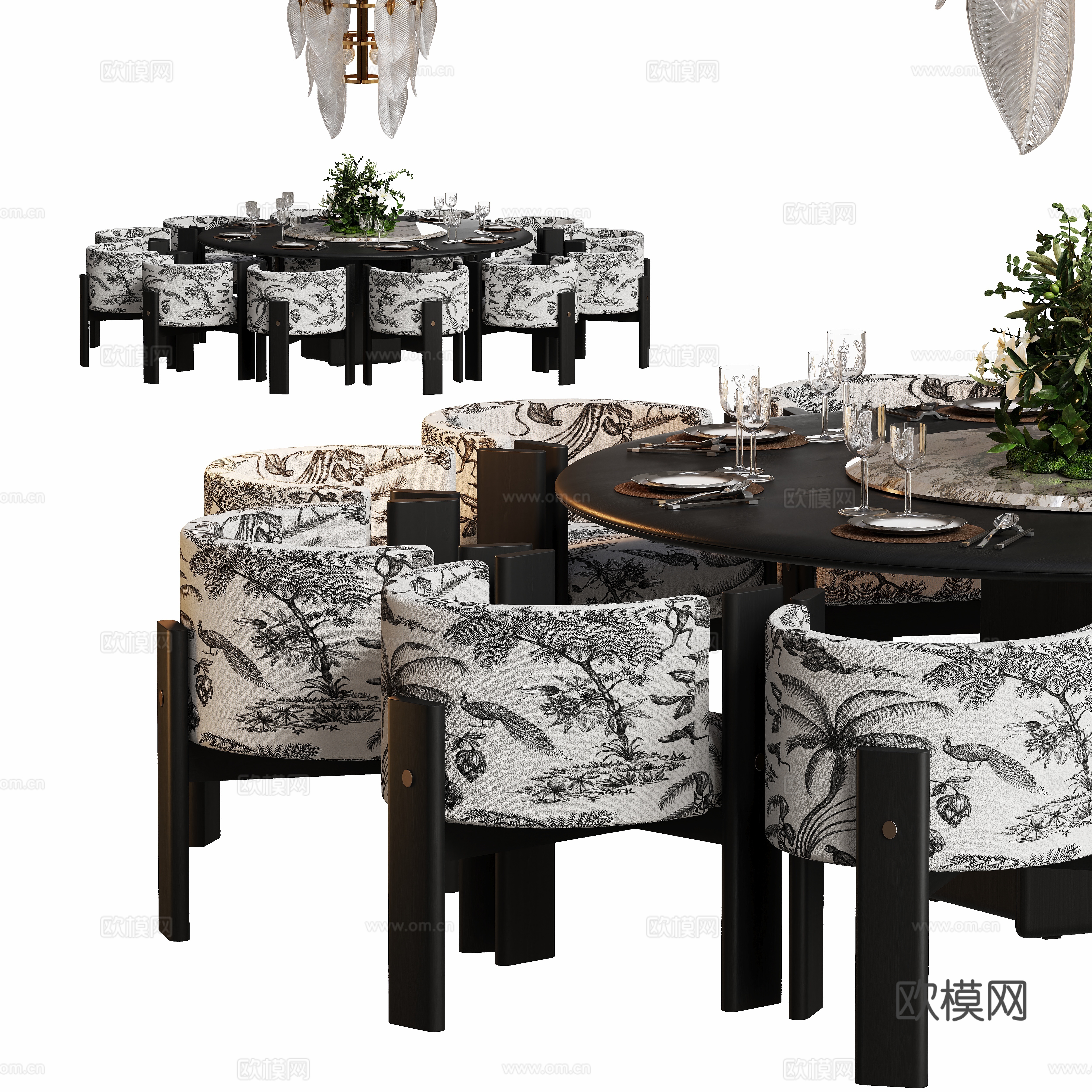 Modern medieval log round dining table and chair combination 3D model