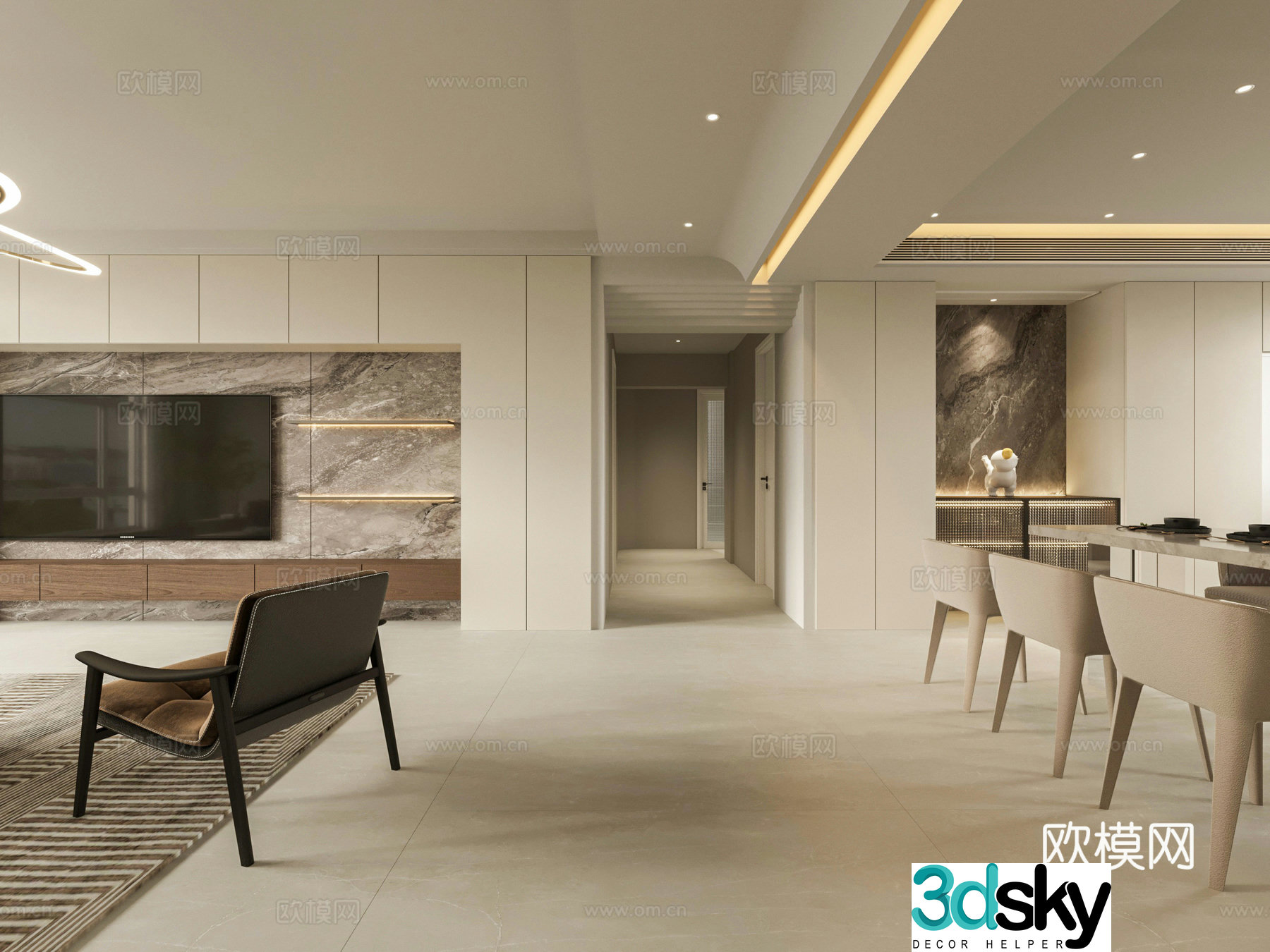 Modern living and dining kitchen 3d model