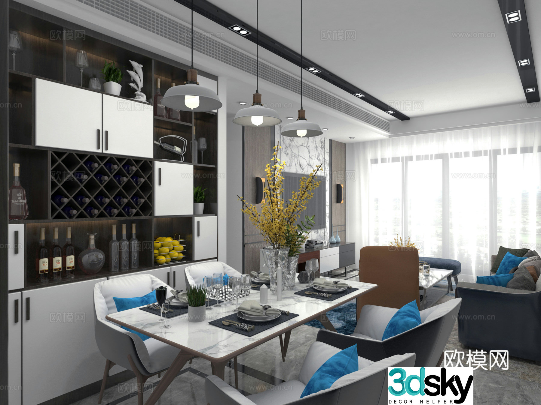 Modern restaurant dining table and chair wine cabinet chandeliers 3d model