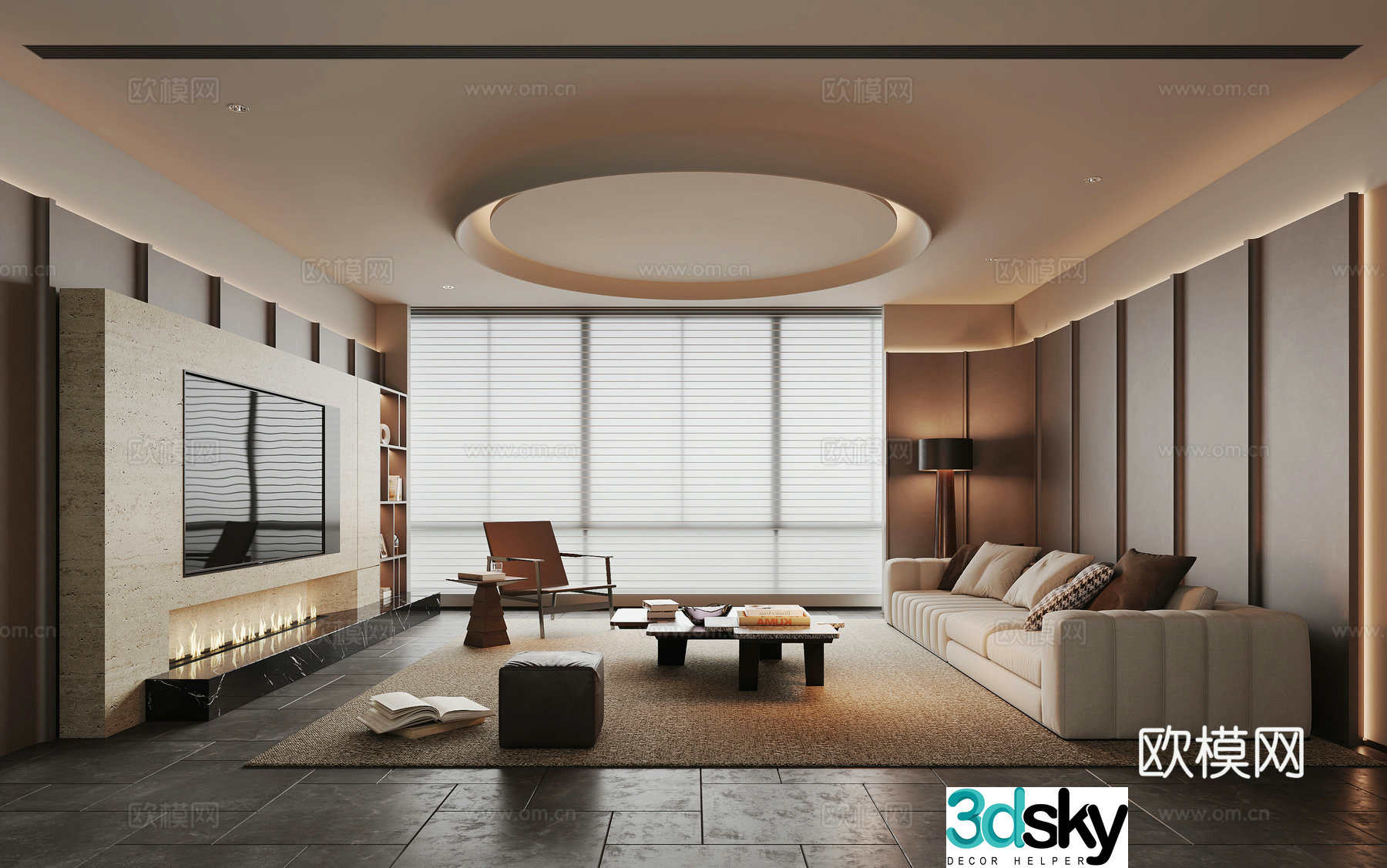 Modern simple living room sofa and coffee table combination TV background wall fireplace background screen 3d model