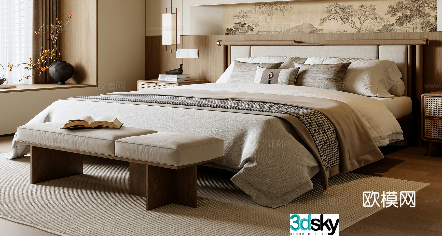 New Chinese style double bed 3D model