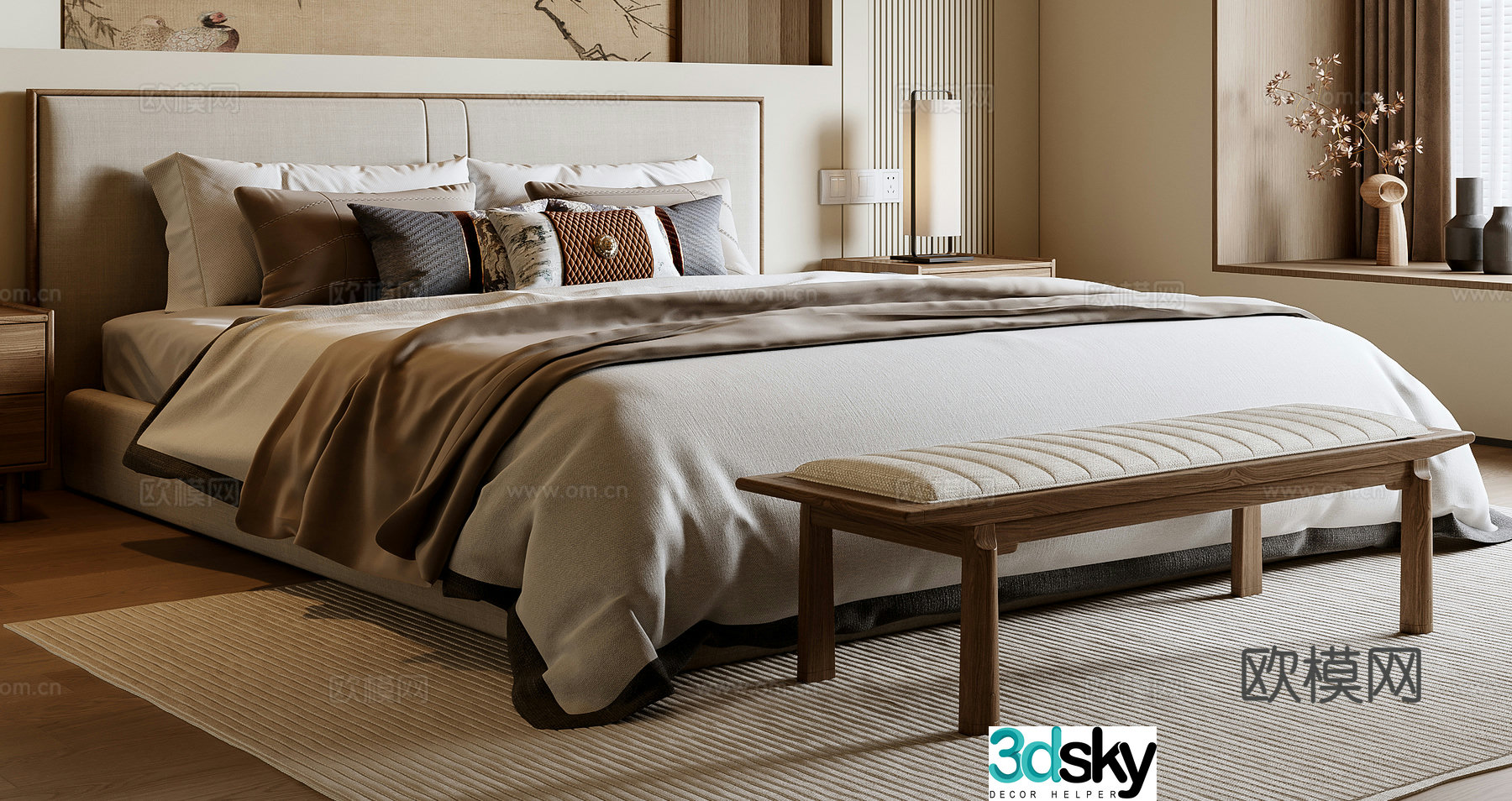New Chinese style double bed 3D model