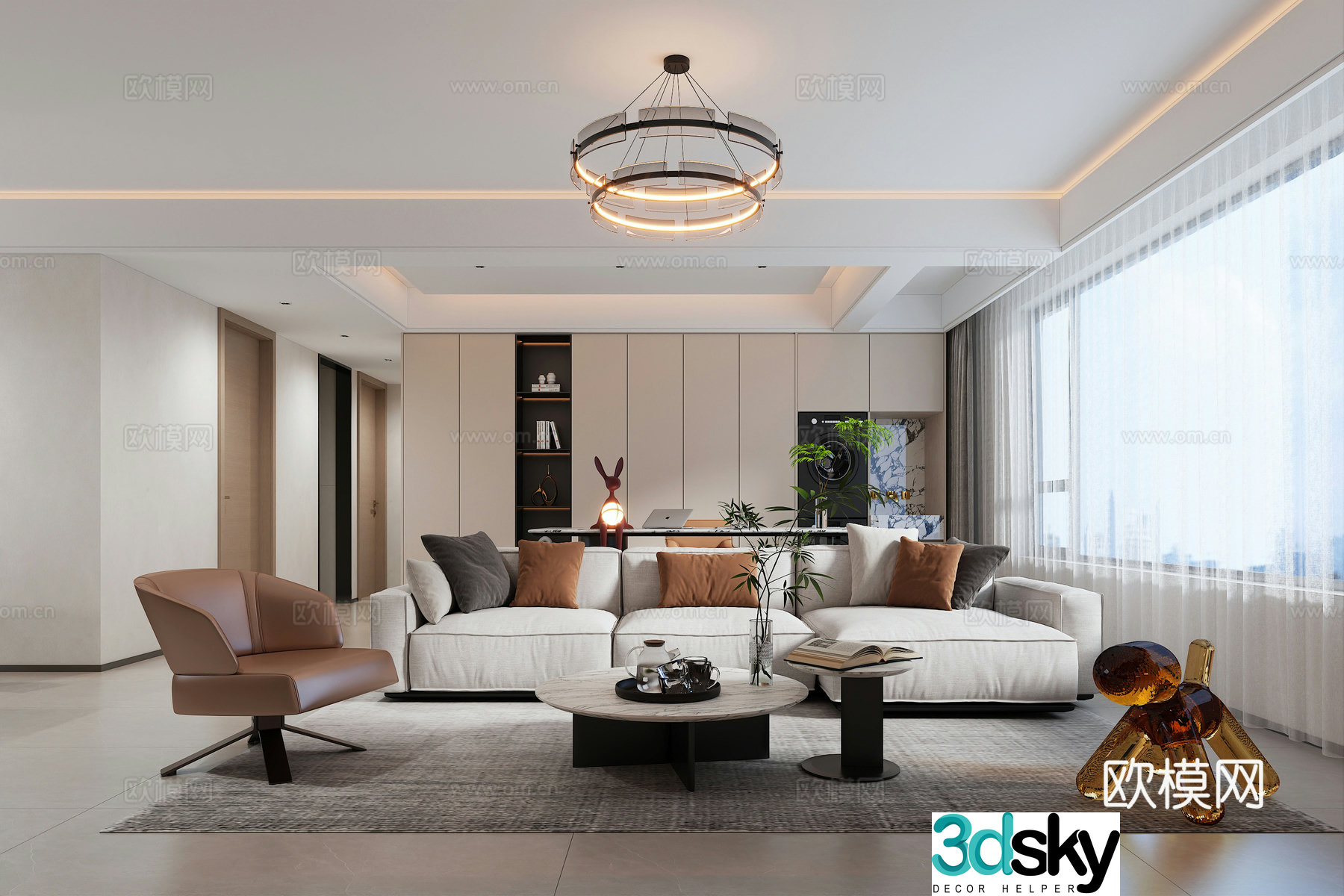 Modern living room fabric sofa leather single chair chandeliers open study 3d model