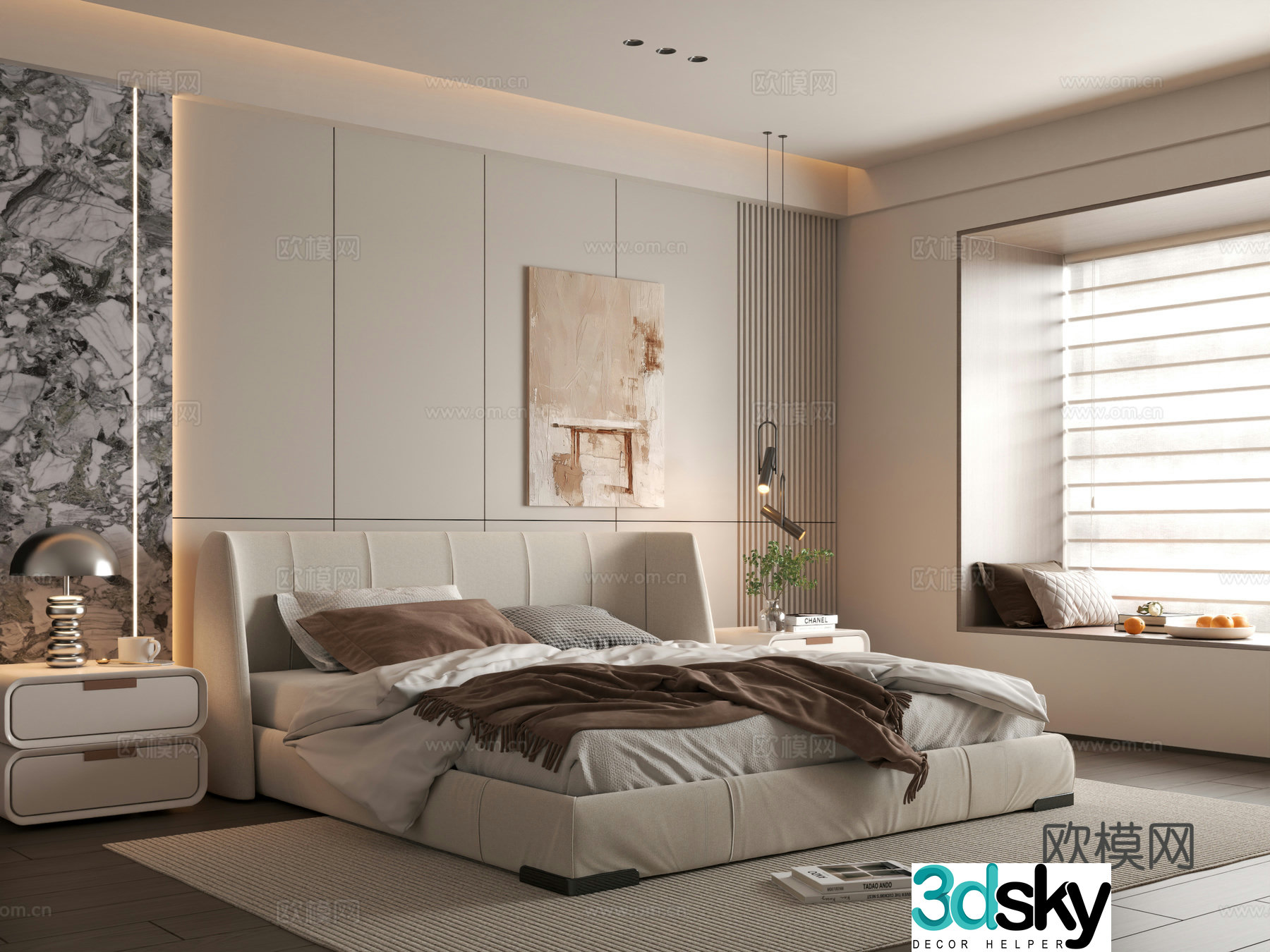 Modern bedroom Simple bedroom Bedroom Bedding combination Bedroom background wall 3d model