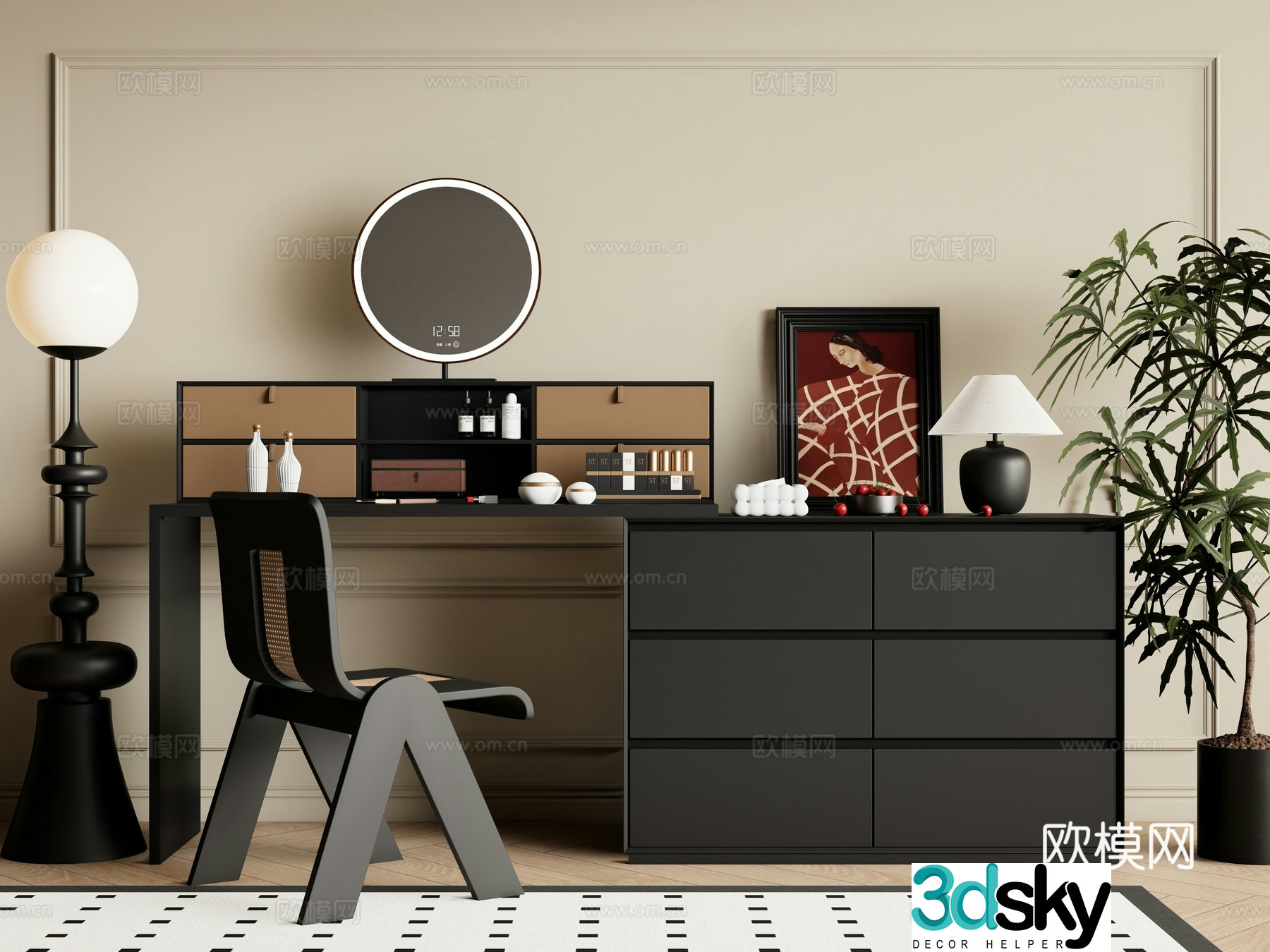 Middle style dressing table dressing chair makeup mirror floor lamp 3d model