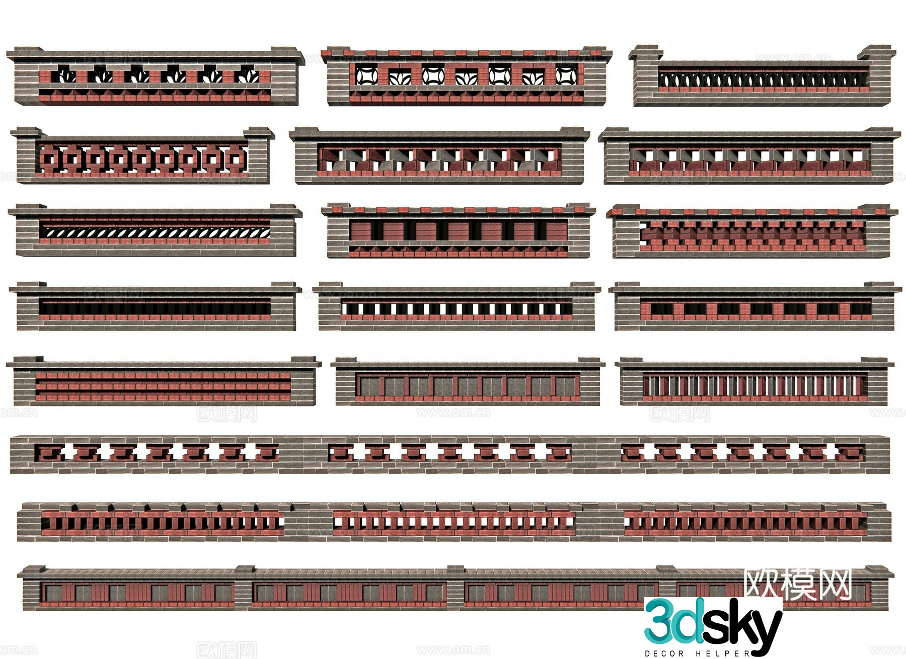 Chinese style red brick landscape wall low wall flower pond brick wall hollow flower wall rural landscape wall rural courtyard wall enclosure 3D model