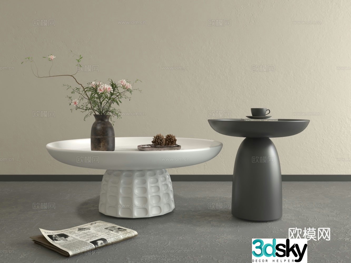 Middle style living room coffee table vase flower art pine tower 3d model