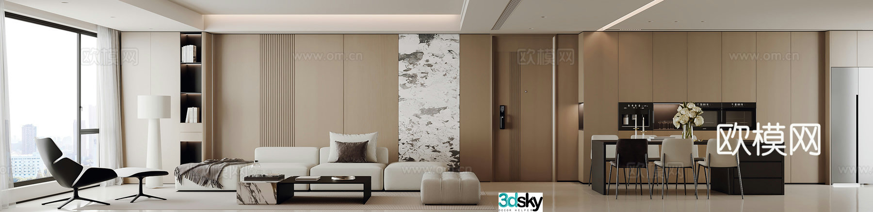 Modern minimalist home living and dining room 3D model