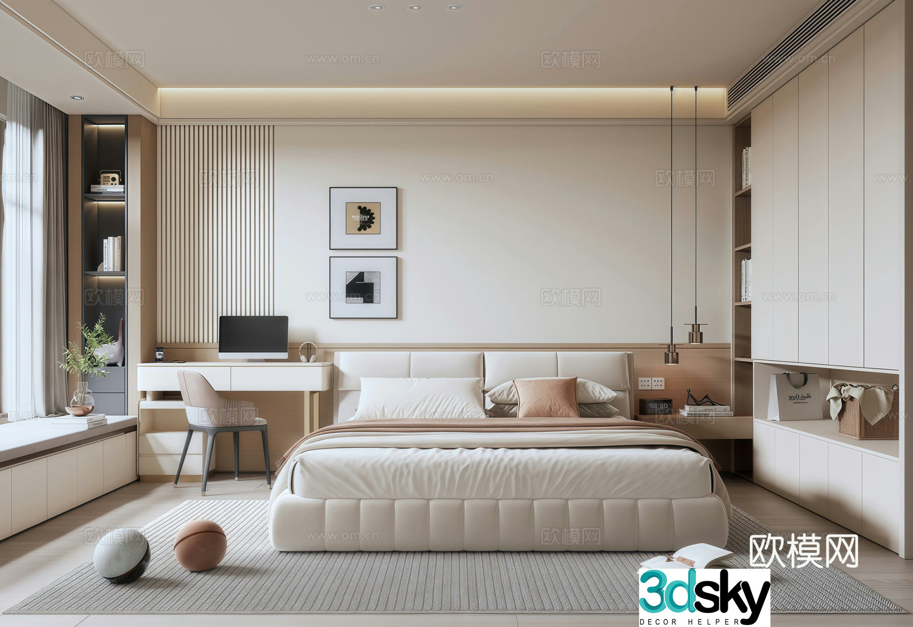 Modern Italian master bedroom home bedroom wardrobe decorative painting background wall double bed bay window mat 3d model