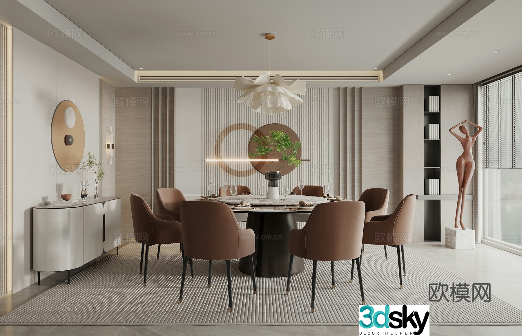 New Chinese restaurant private room background wall round dining table and chairs hotel private room 3D model