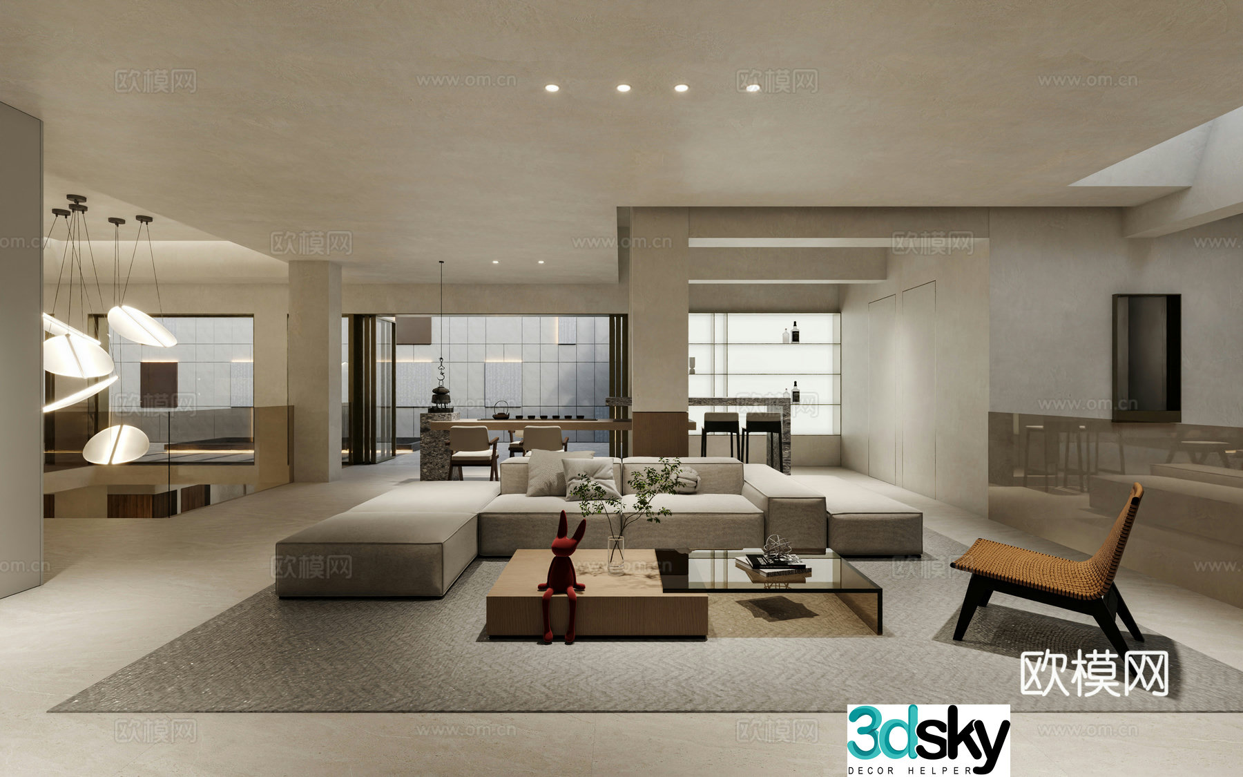 Duplex living and dining room kitchen courtyard 3d model