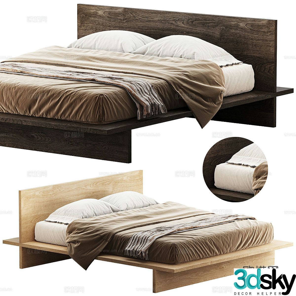 Wasabi wind double bed B&B double bed Wooden frame bedding solid wood headboard Wooden bed 3D model
