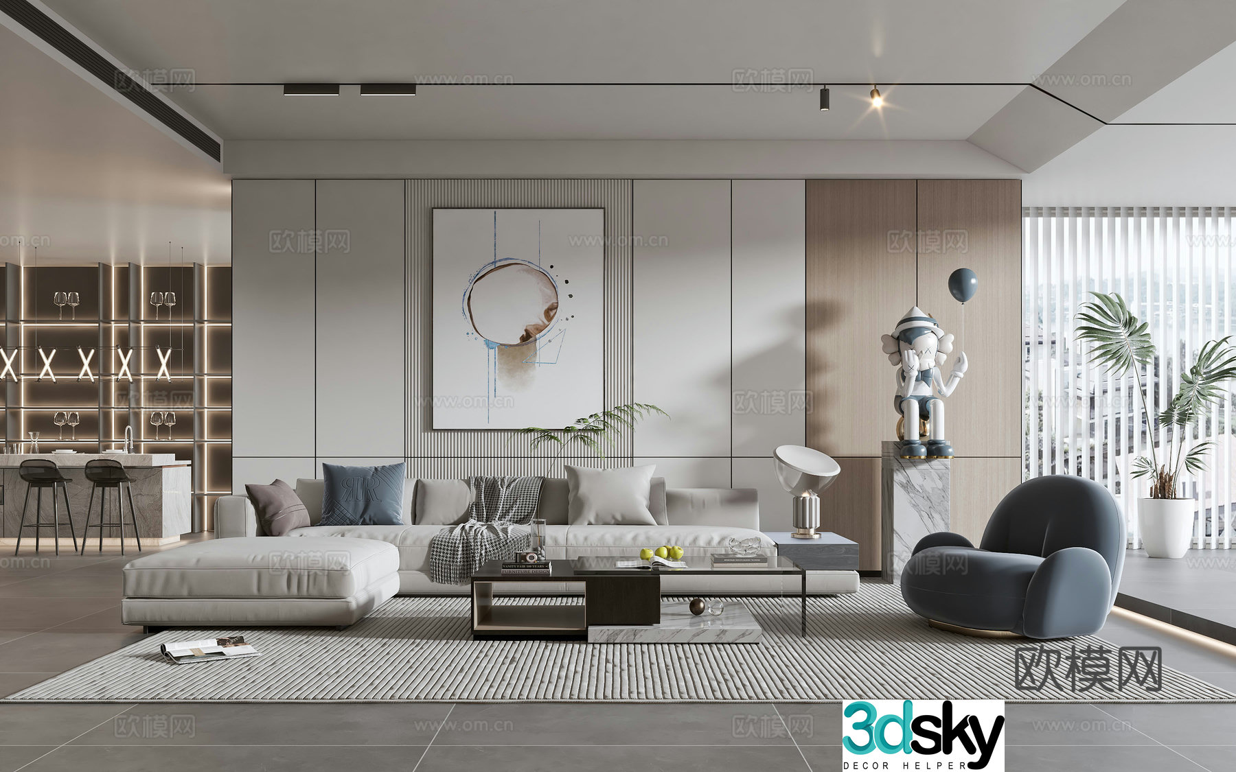 Modern living room modern sofa coffee table combination modern background wall 3d model