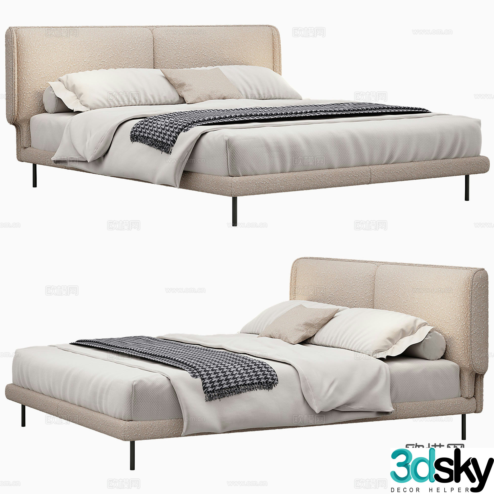 Modern Double Bed Fabric Double Bed Bedroom Bed Frame Bedding Bedding Pillow Holding 3D Model