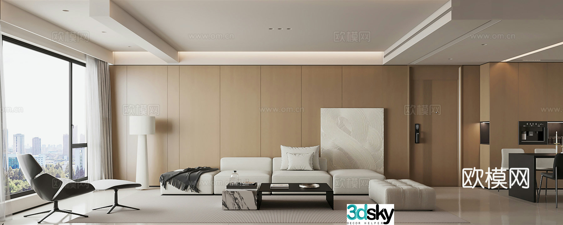 Modern minimalist home living and dining room 3D model
