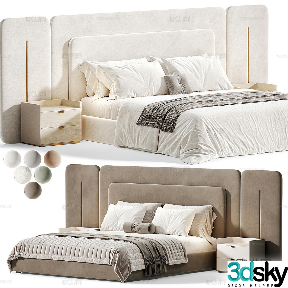 Modern cream style fabric double bed 3d model