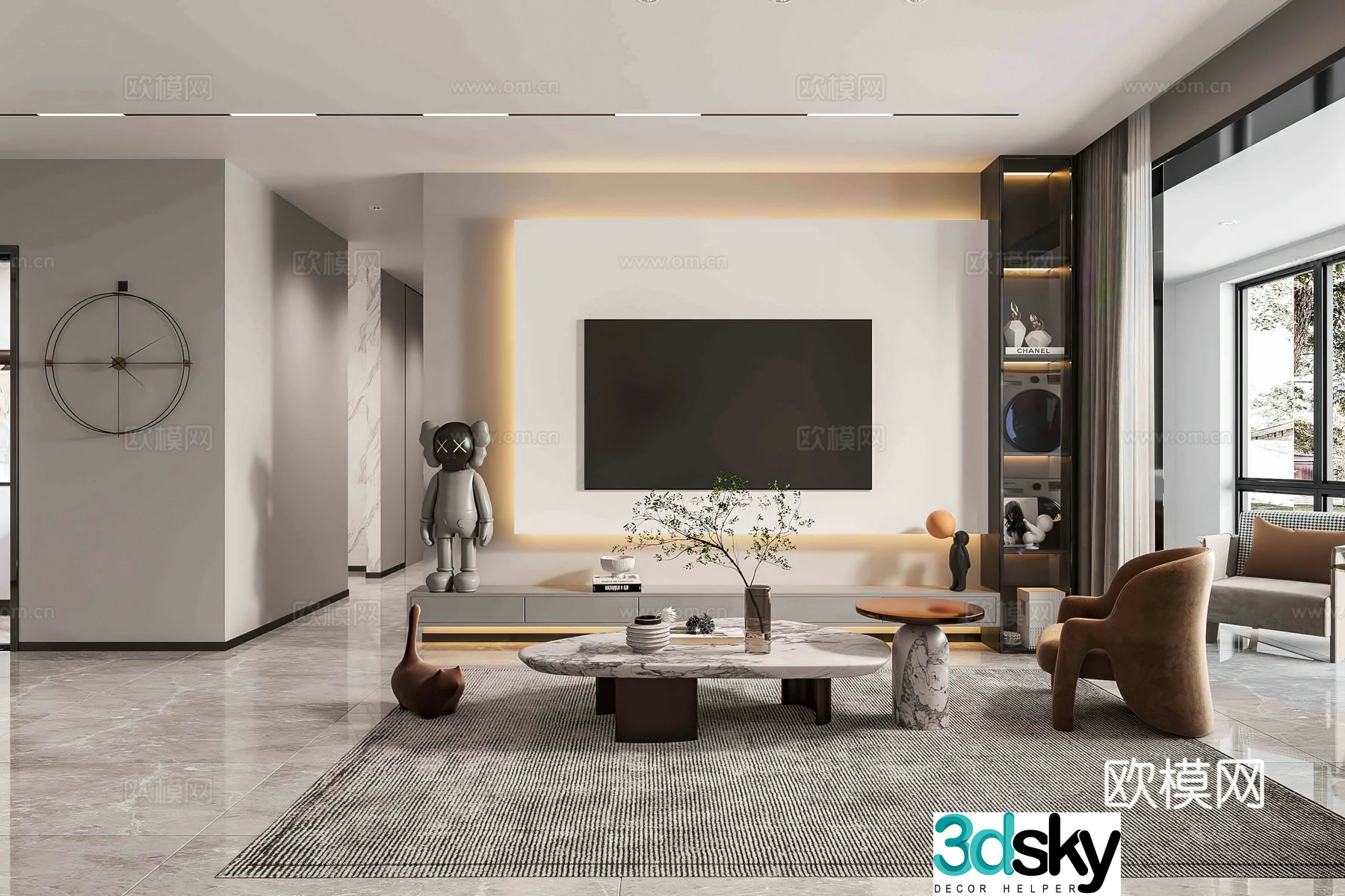 Modern TV background wall modern living room simple leisure chair ornament decoration living room 3d model