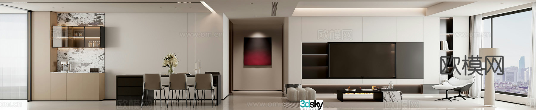 Modern minimalist living and dining room 3D model