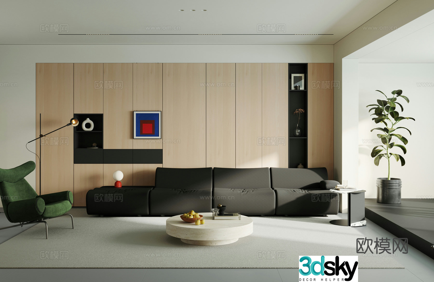 Modern simple home living room horizontal hall large flat living room without owner lights 3D model