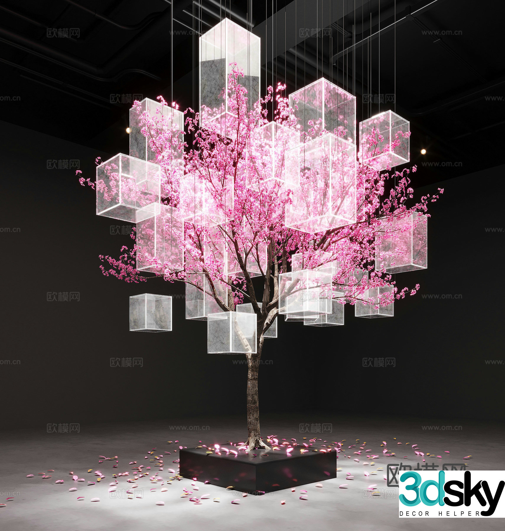 Modern glass art installation cherry blossom tree installation 3d model