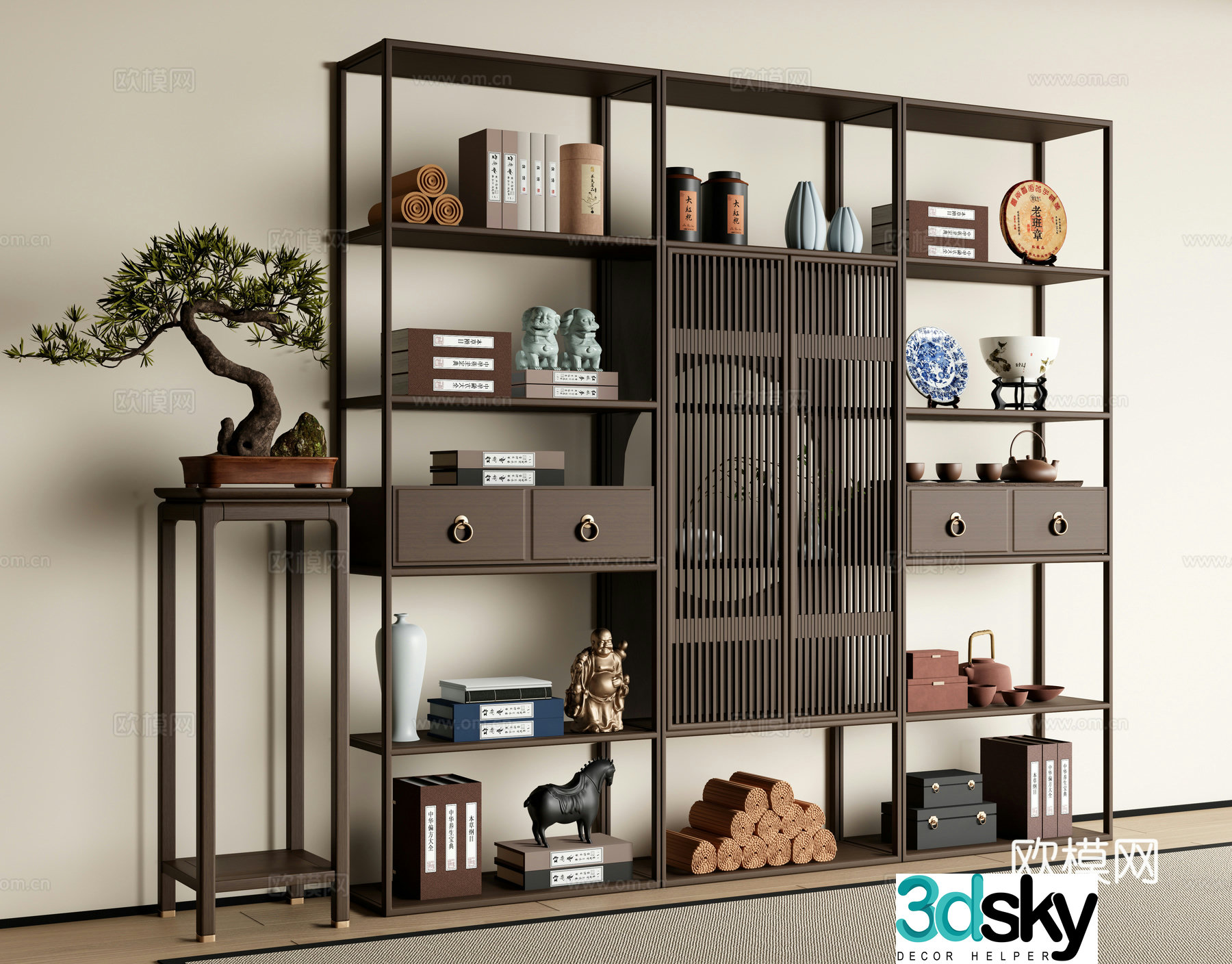 New Chinese style ancient shelf decorative shelf storage shelf tea cabinet tea set ornament 3D model