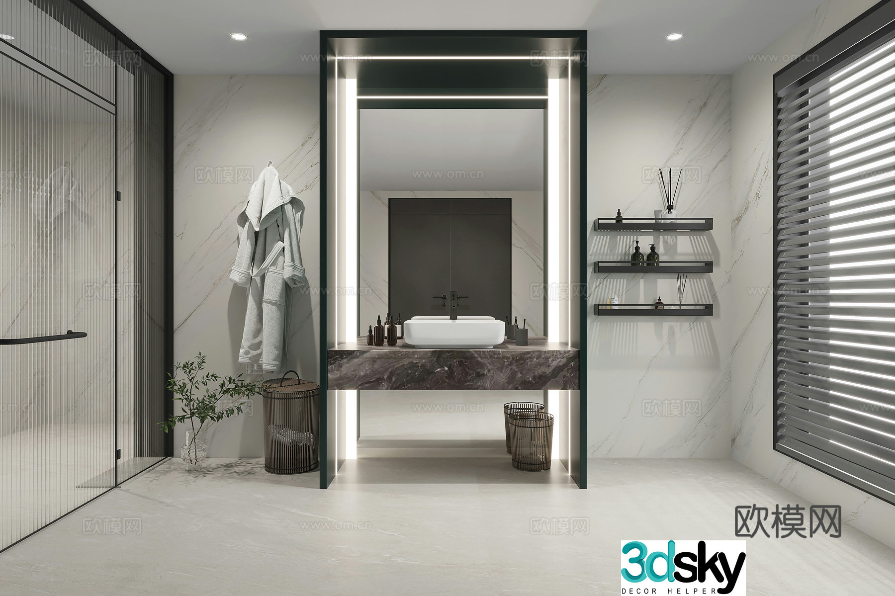 Italian bathroom with light clothes bathroom with glass bathtub black and white gray bathroom 3D model