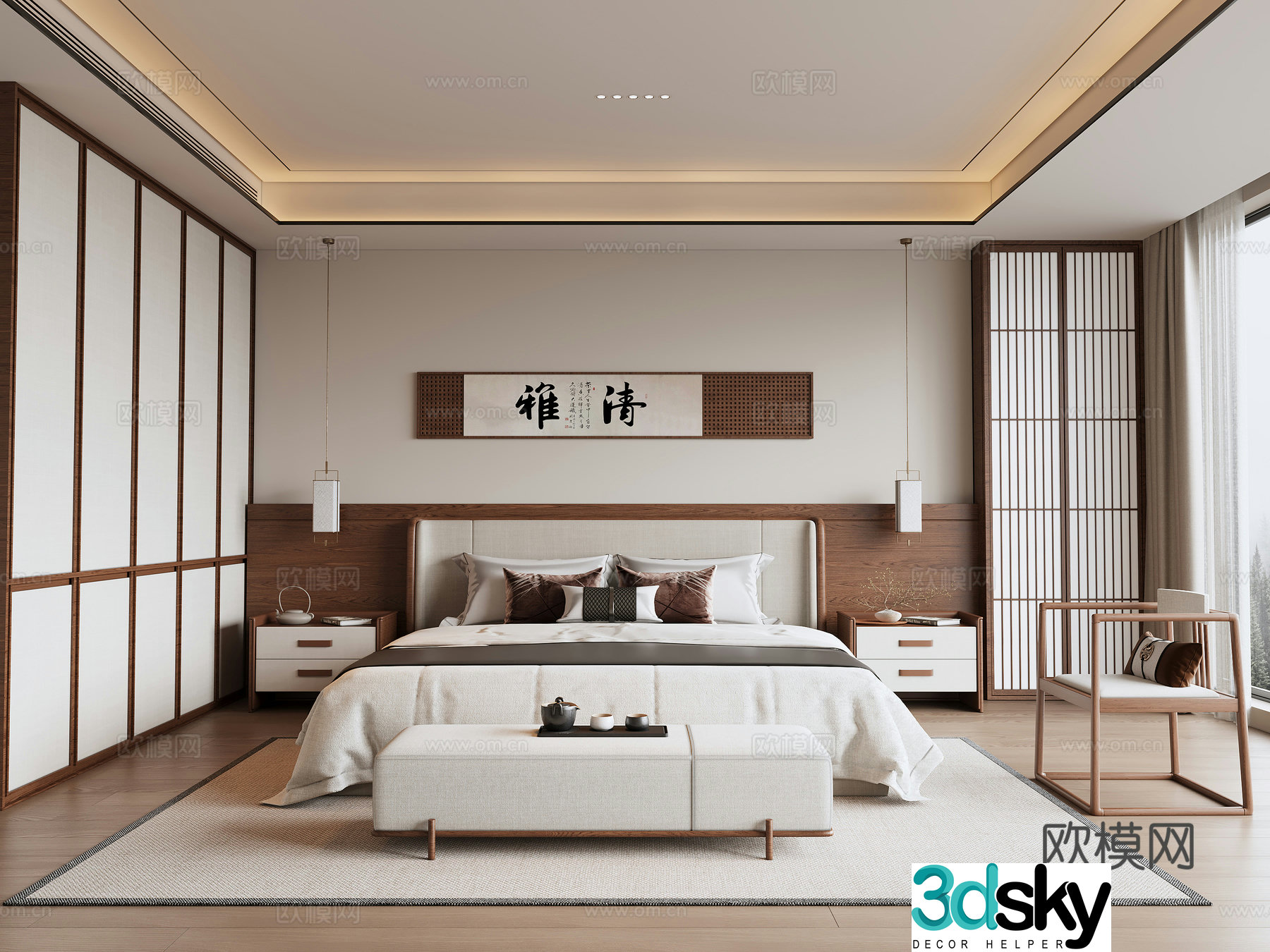 New Chinese style old-fashioned bedroom wardrobe bed painting leisure chair bed tail stool bedside table 3D model
