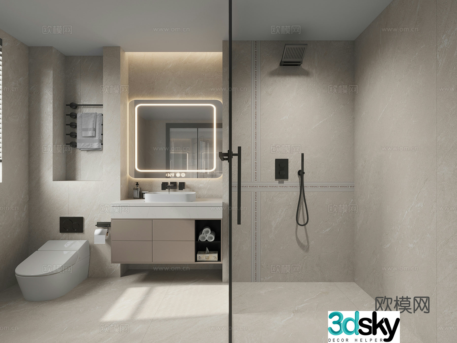 Bathroom glass bathtub black and white gray bathroom 3D model