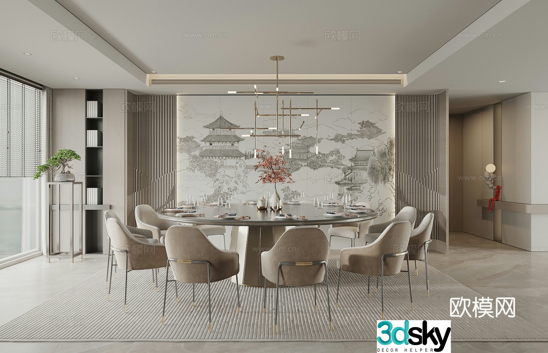 New Chinese restaurant private room background wall round dining table and chairs hotel private room 3D model