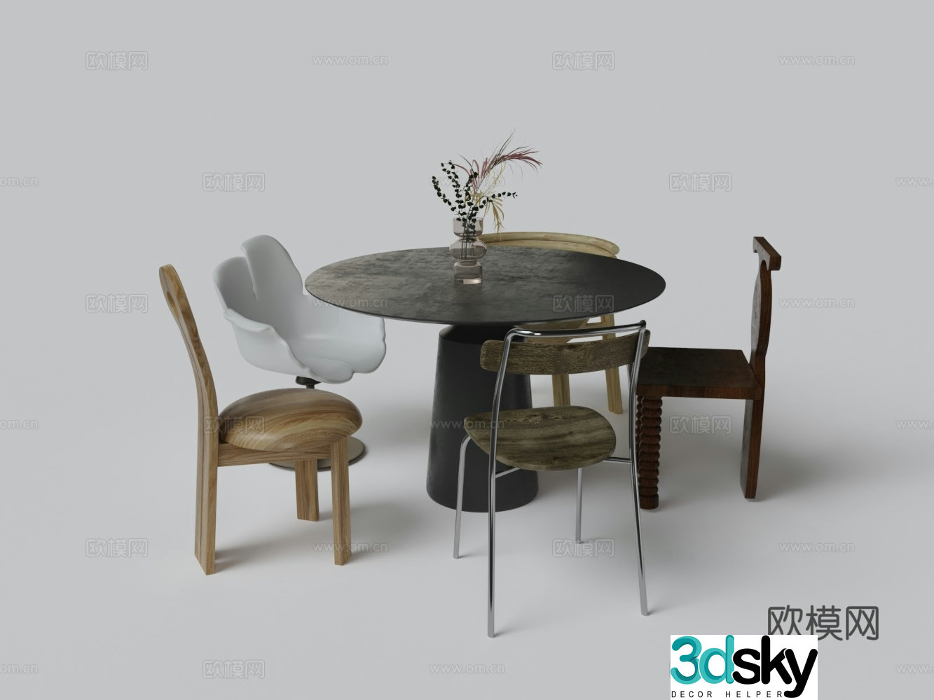 Medium style dining table and chair combination 3D model