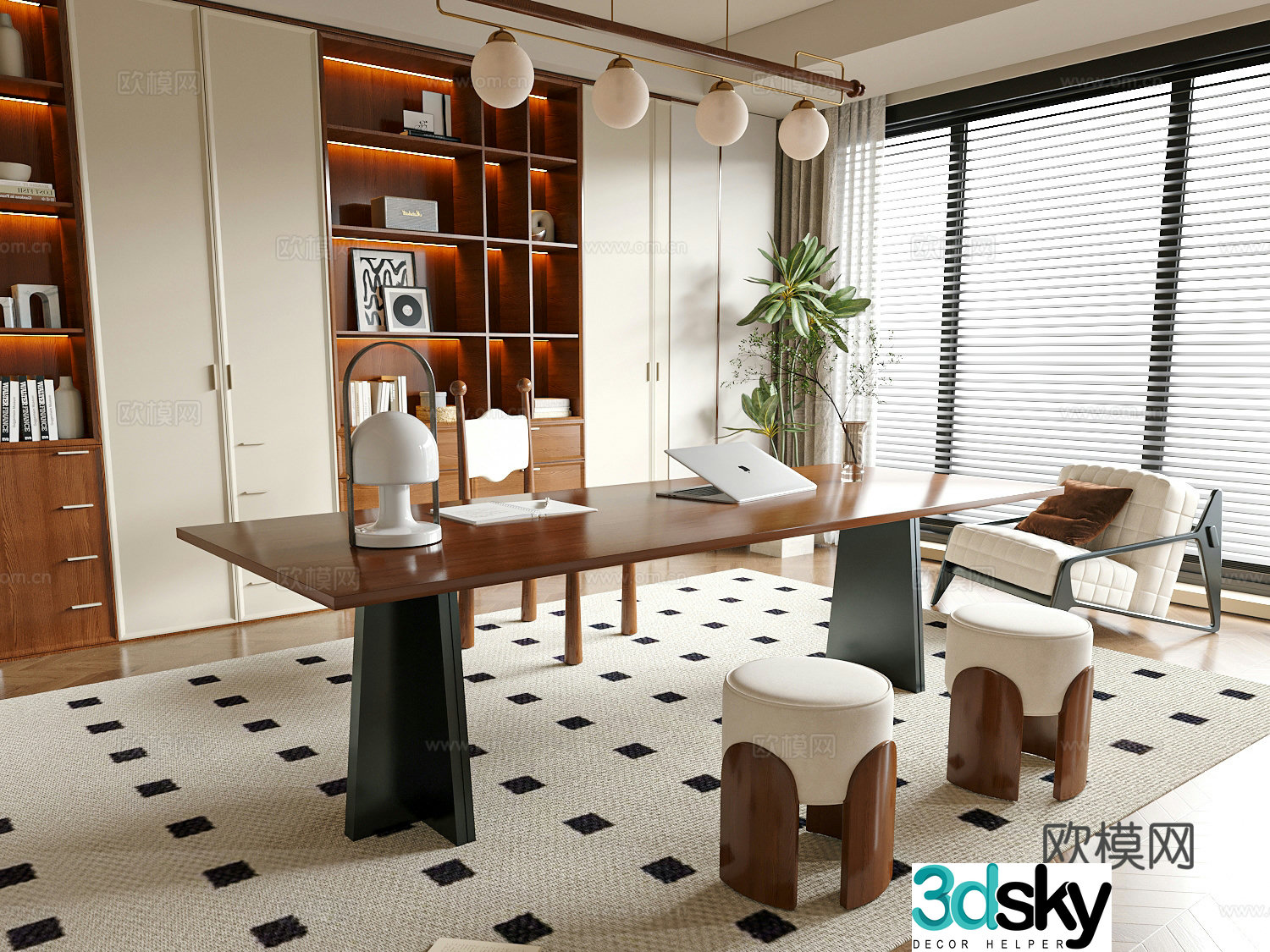 French medieval style study bookcase desk and chair combination 3D model