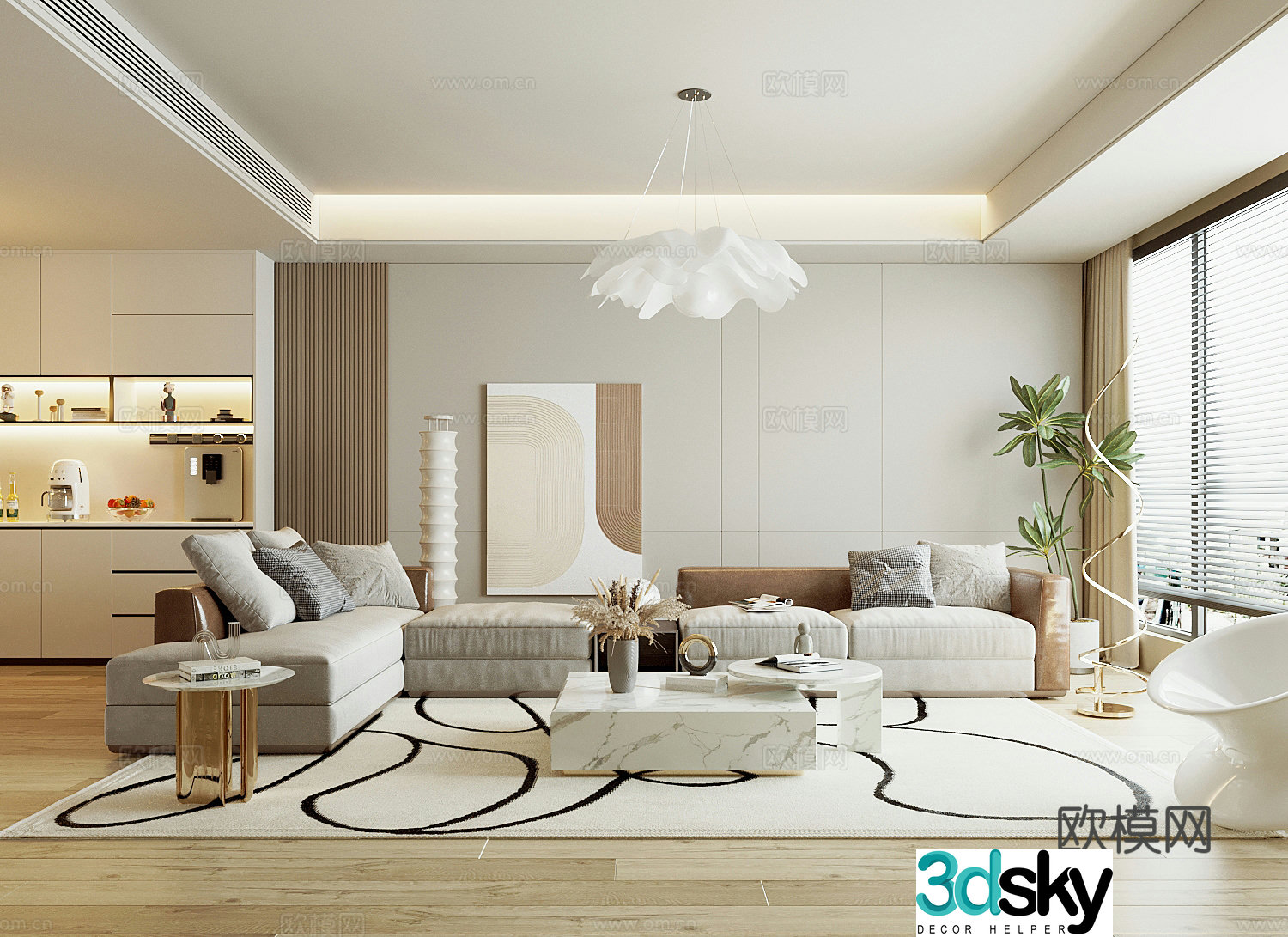Living room Creamy living room Sofa coffee table Hanging painting Floor lamp Chandelier Indoor green plants Dining 3D model