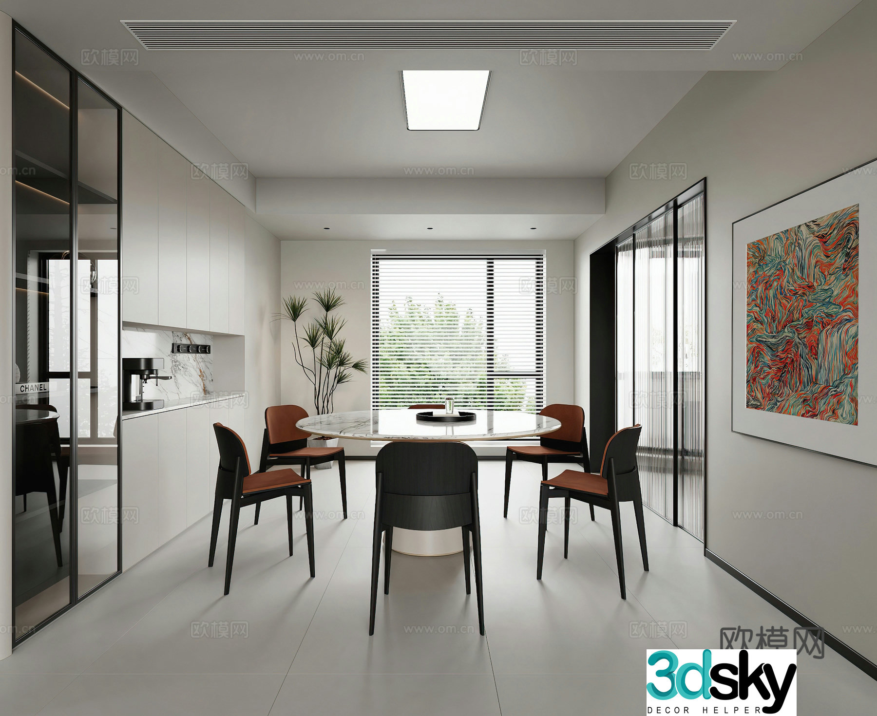 Modern restaurant Round dining table Wine cabinet Simple ceiling light Modern living restaurant Simple 3D model